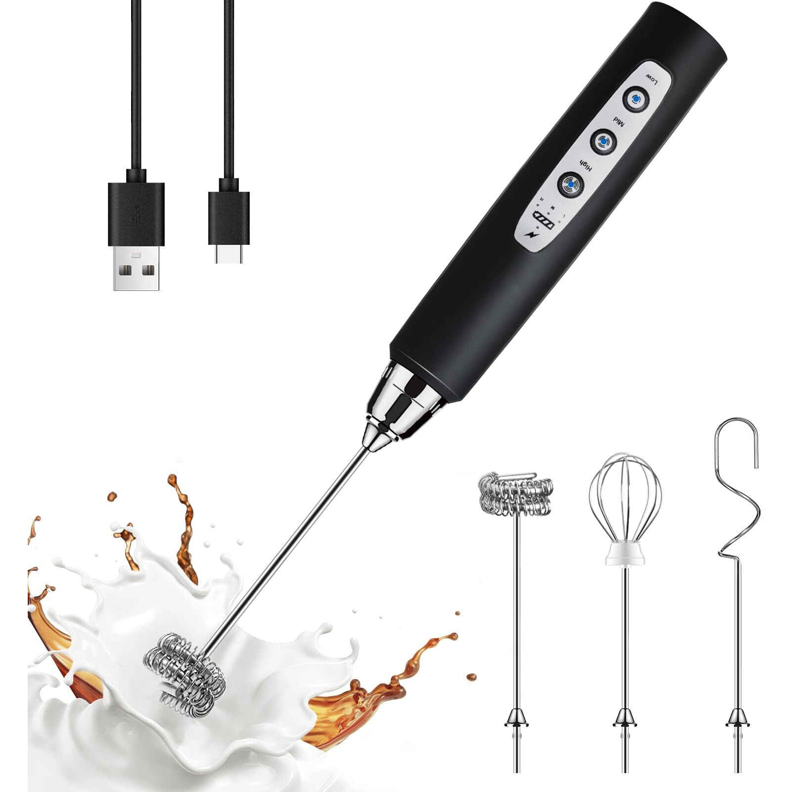Yuswko Milk Frother Handheld With 3 Heads, Electric Whisk Drink Foam Mixer With Usb Rechargeable 3 Speeds, Mini Frother For Coffee Latte, Cappuccino, Hot Chocolate, Egg - Black