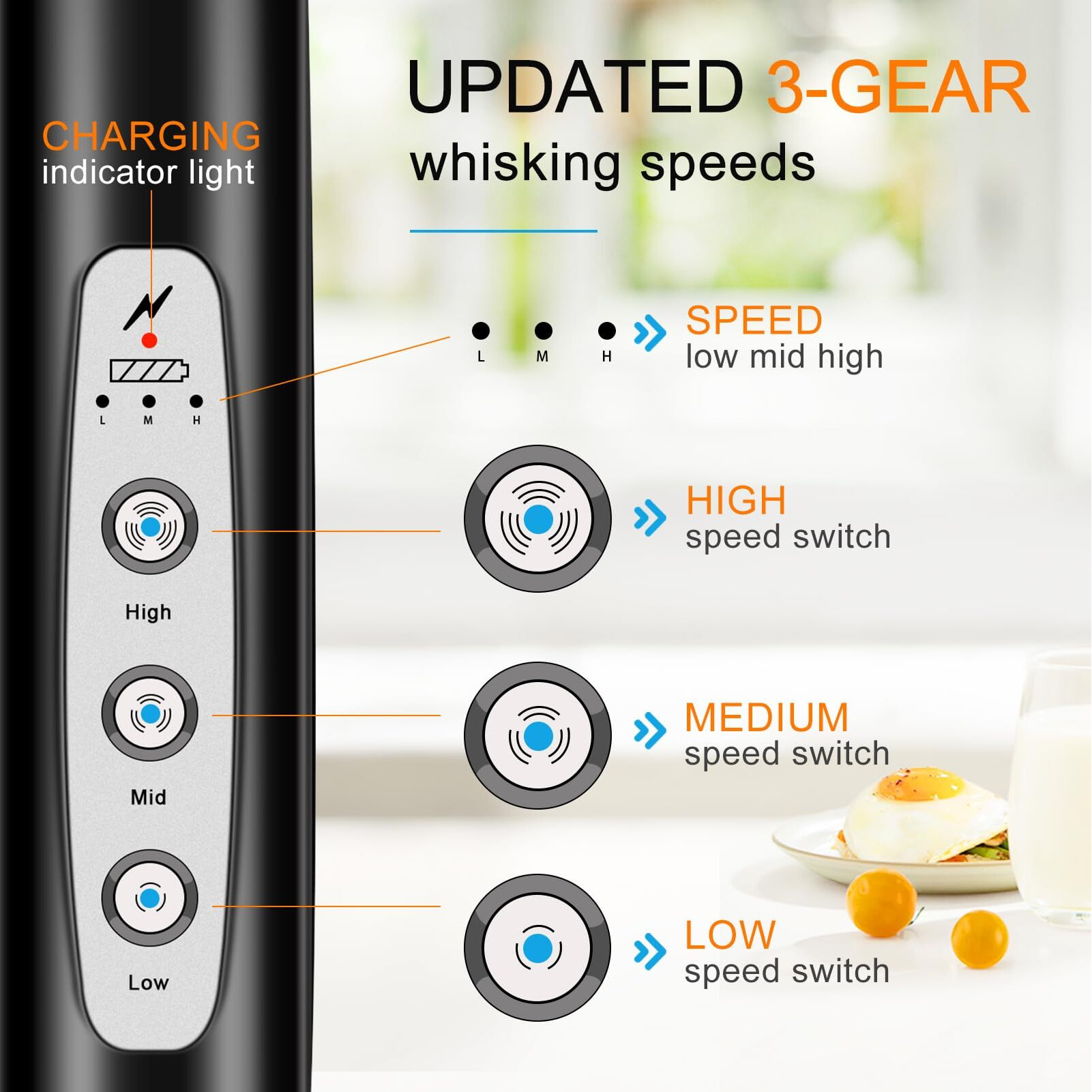 Yuswko Milk Frother Handheld With 3 Heads, Electric Whisk Drink Foam Mixer With Usb Rechargeable 3 Speeds, Mini Frother For Coffee Latte, Cappuccino, Hot Chocolate, Egg - Black