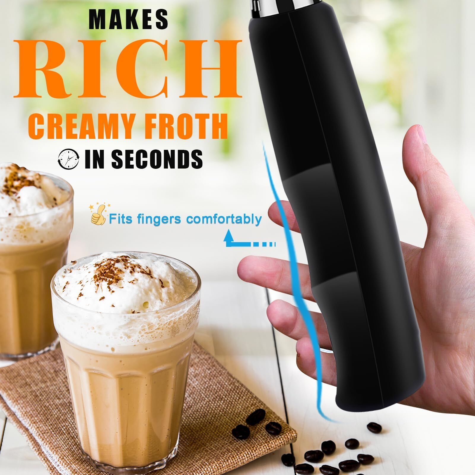 Yuswko Milk Frother Handheld With 3 Heads, Electric Whisk Drink Foam Mixer With Usb Rechargeable 3 Speeds, Mini Frother For Coffee Latte, Cappuccino, Hot Chocolate, Egg - Black