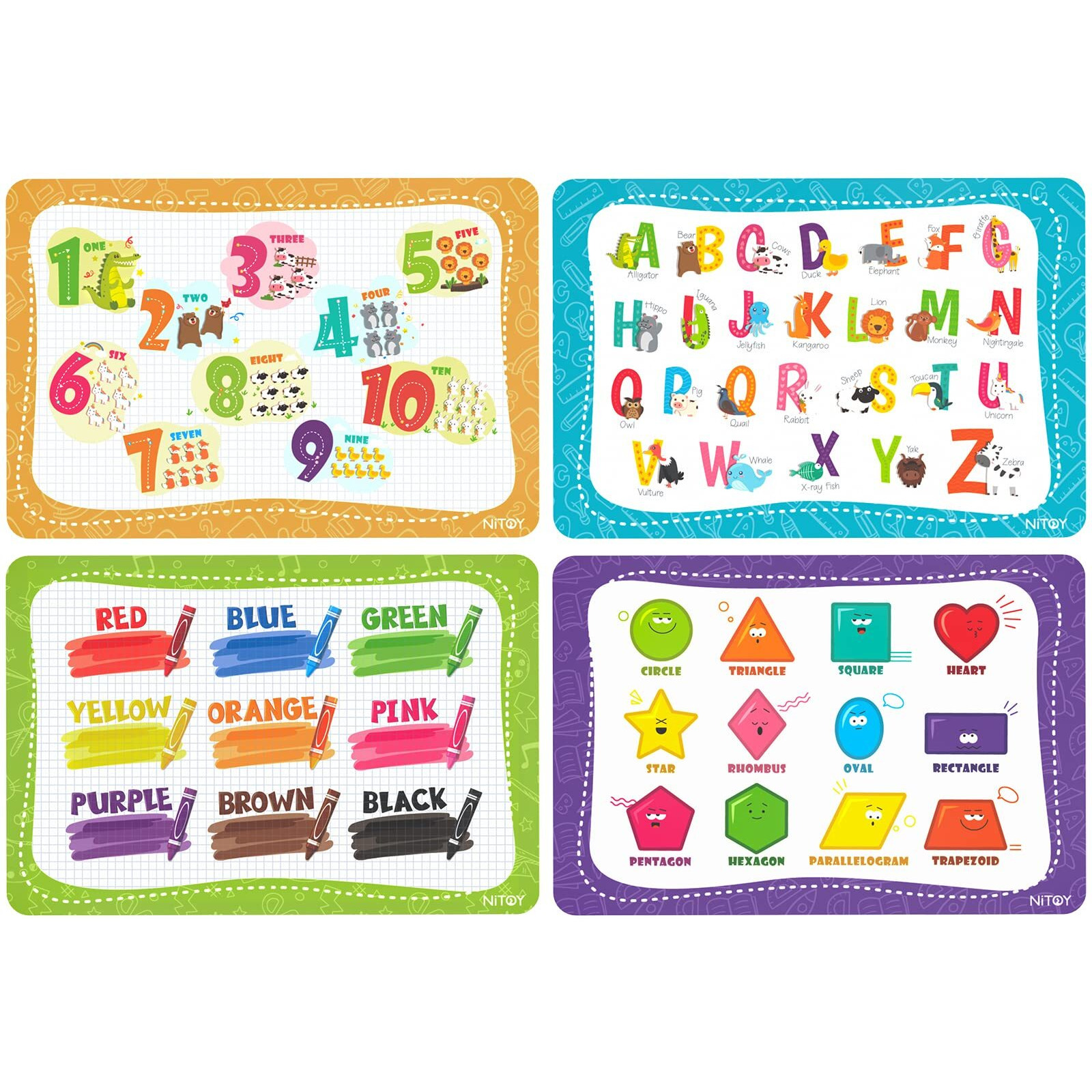 Nibaby Educational Placemats For Kids Reusable Wipeable - Toddler Placemats For Learning Alphabet Abc Color Number Shape - Kids Placemats For Dining Table Kindergarten - Set Of 4