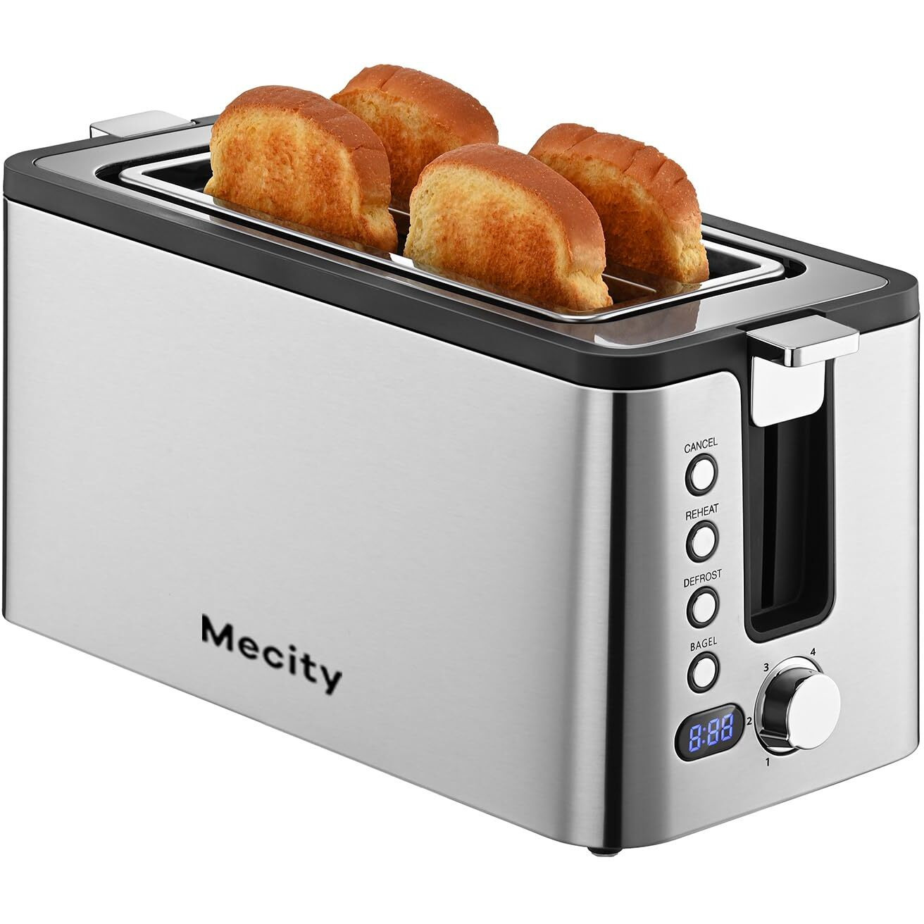 Mecity 4 Slice Toaster, Long Slot Toaster With Countdown Timer, Bagel/Defrost/Reheat/Cancel Functions,Warming Rack, Removable Tray, 6 Browning Settings, Extra Wide Slots, Stainless Steel, 1300W