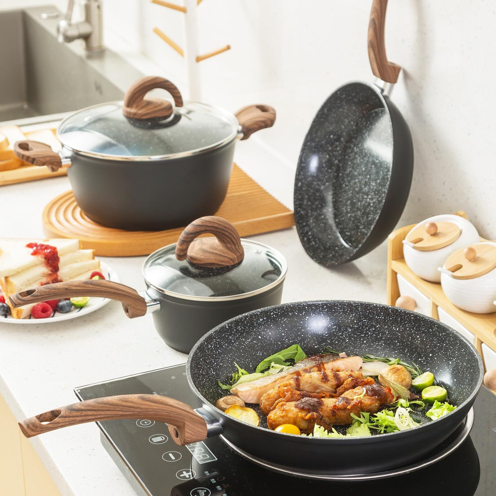Vkoocy Pots And Pans Set Non Stick, Ceramic Cookware Set Kitchen Cooking Sets Induction Pot And Pan W/Frying Pans, Saucepans, Casserole, Non-Toxic, Ptfe/Pfoa/Pfos-Free, Black