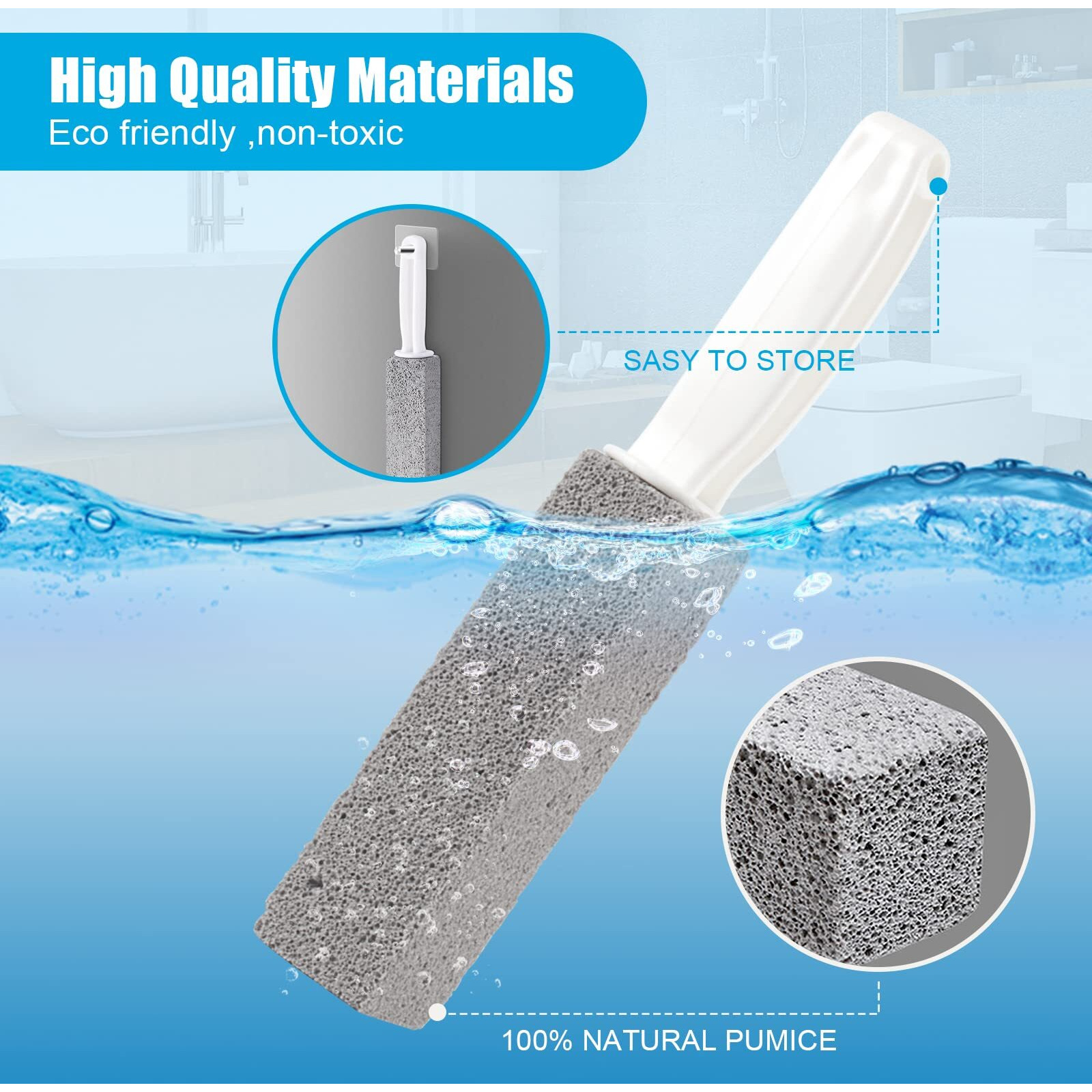 Pumice Stone Toilet Bowl Cleaner With Handle - Pumice Stone For Toilet Cleaning - Stain Remover - Also Cleans Limescale, Hard Water Rings, Tiles, Iron And Rust, Household Cleaning 4 Pack