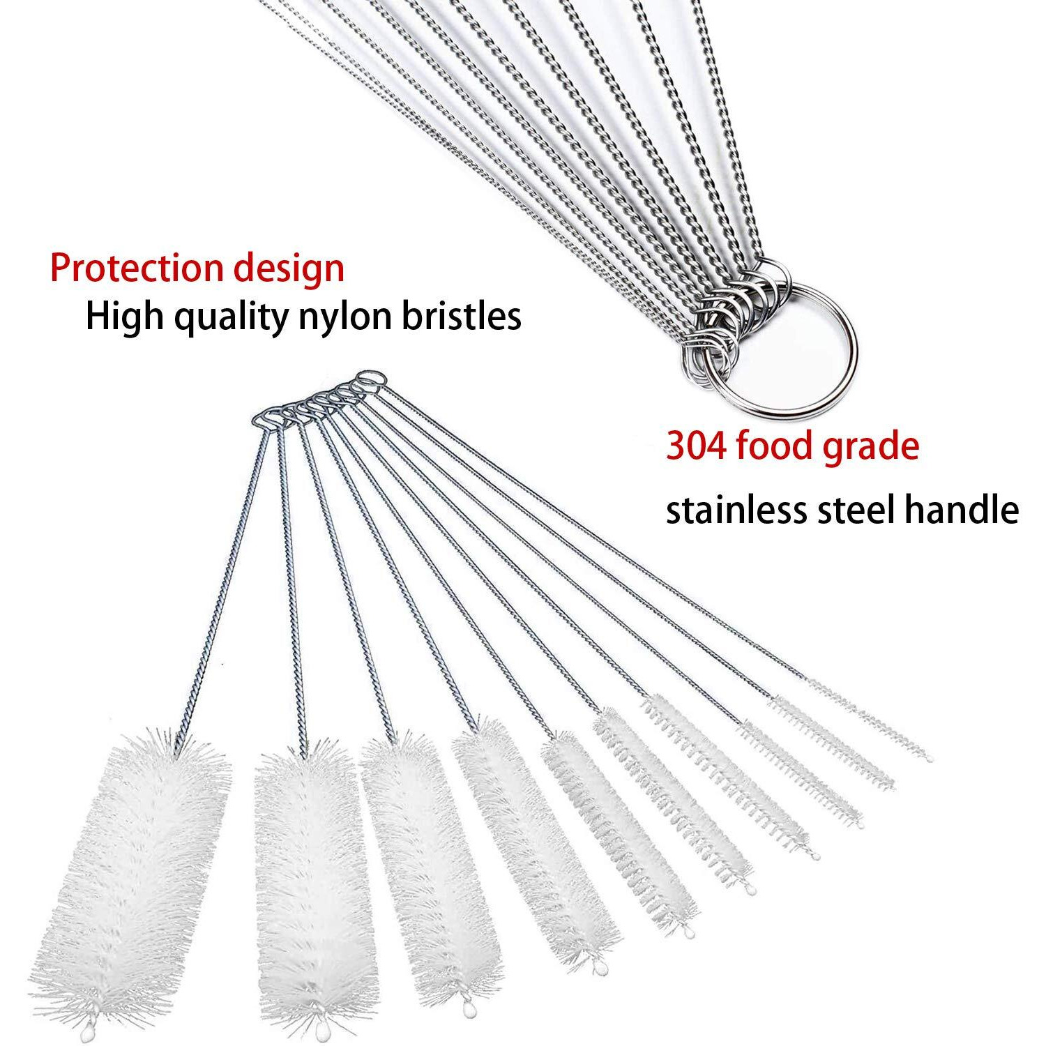 Long Straw Brush, Nylon Pipe Tube Cleaner 8-Ihch 10 Different Diameters Set Of 10
