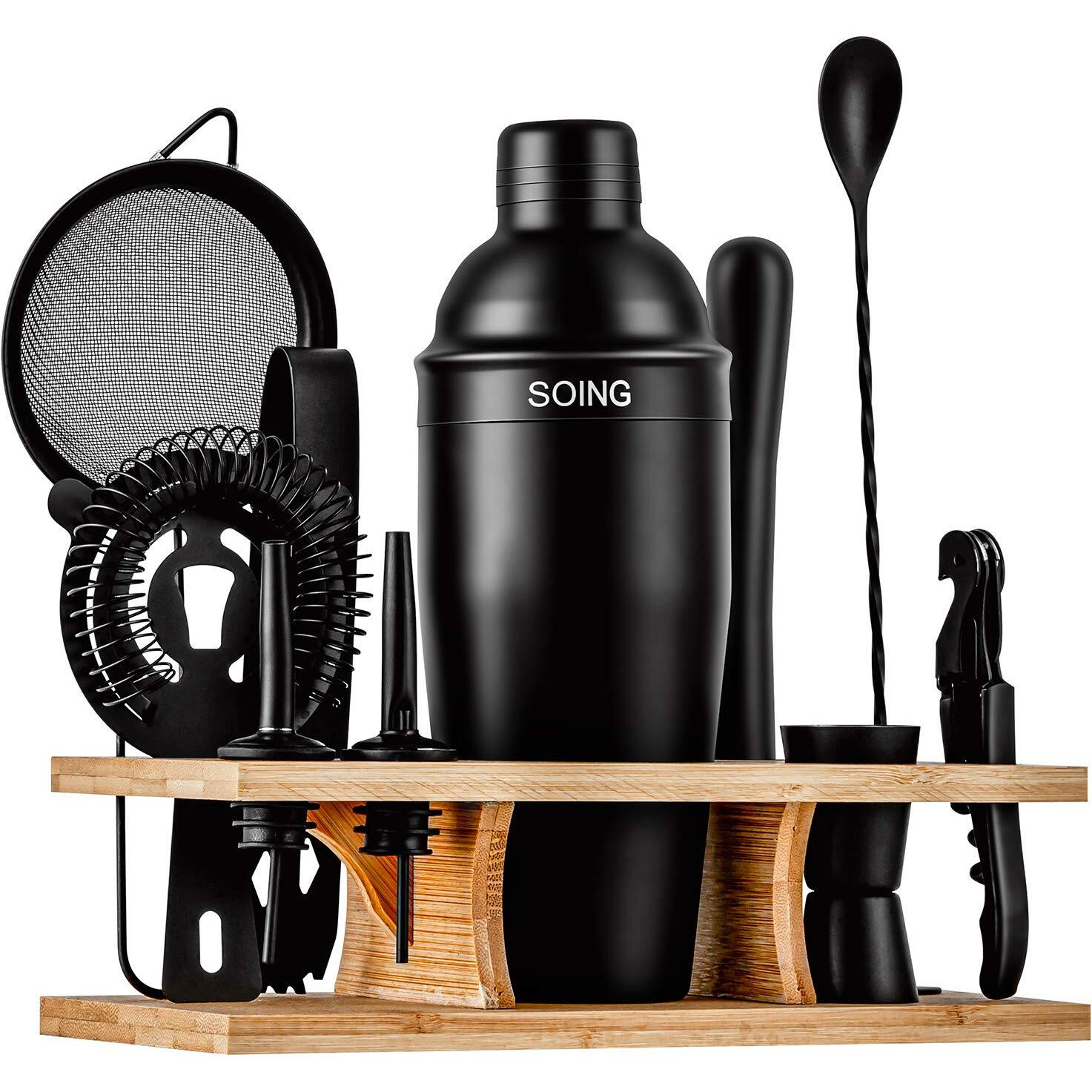 Soing 11-Piece Black Bartender Kit,Perfect Home Cocktail Shaker Set For Drink Mixing,Stainless Steel Bar Tools With Stand,Velvet Carry Bag & Cocktail Recipes Cards (Black)