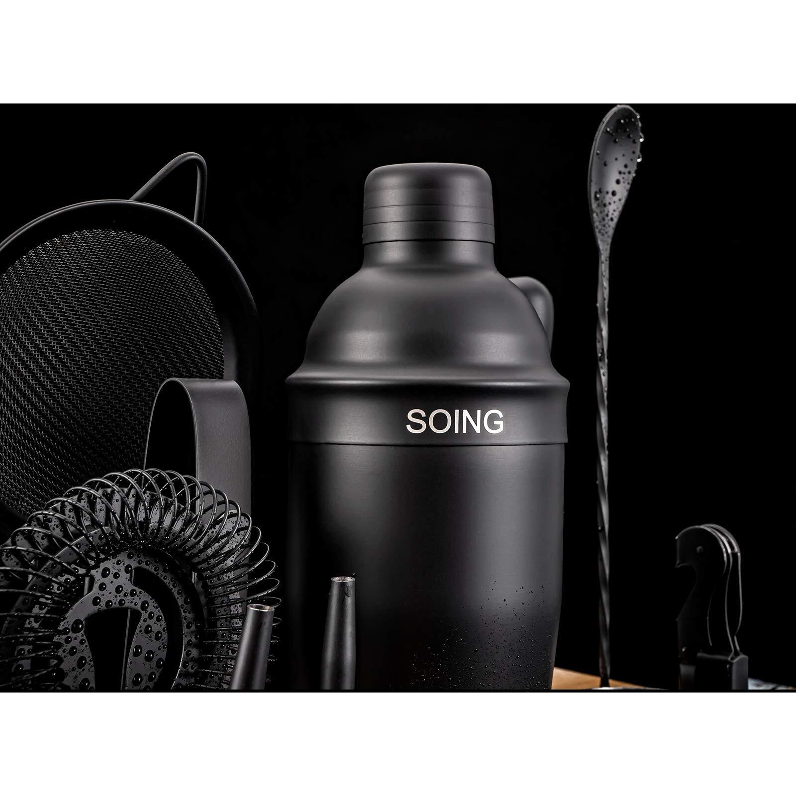 Soing 11-Piece Black Bartender Kit,Perfect Home Cocktail Shaker Set For Drink Mixing,Stainless Steel Bar Tools With Stand,Velvet Carry Bag & Cocktail Recipes Cards (Black)