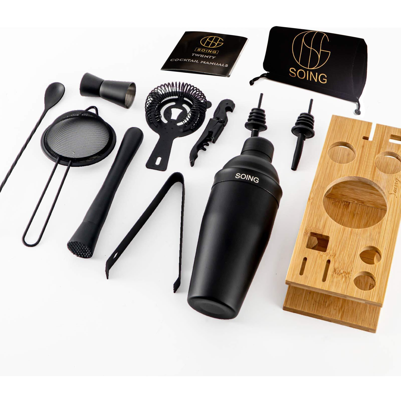 Soing 11-Piece Black Bartender Kit,Perfect Home Cocktail Shaker Set For Drink Mixing,Stainless Steel Bar Tools With Stand,Velvet Carry Bag & Cocktail Recipes Cards (Black)