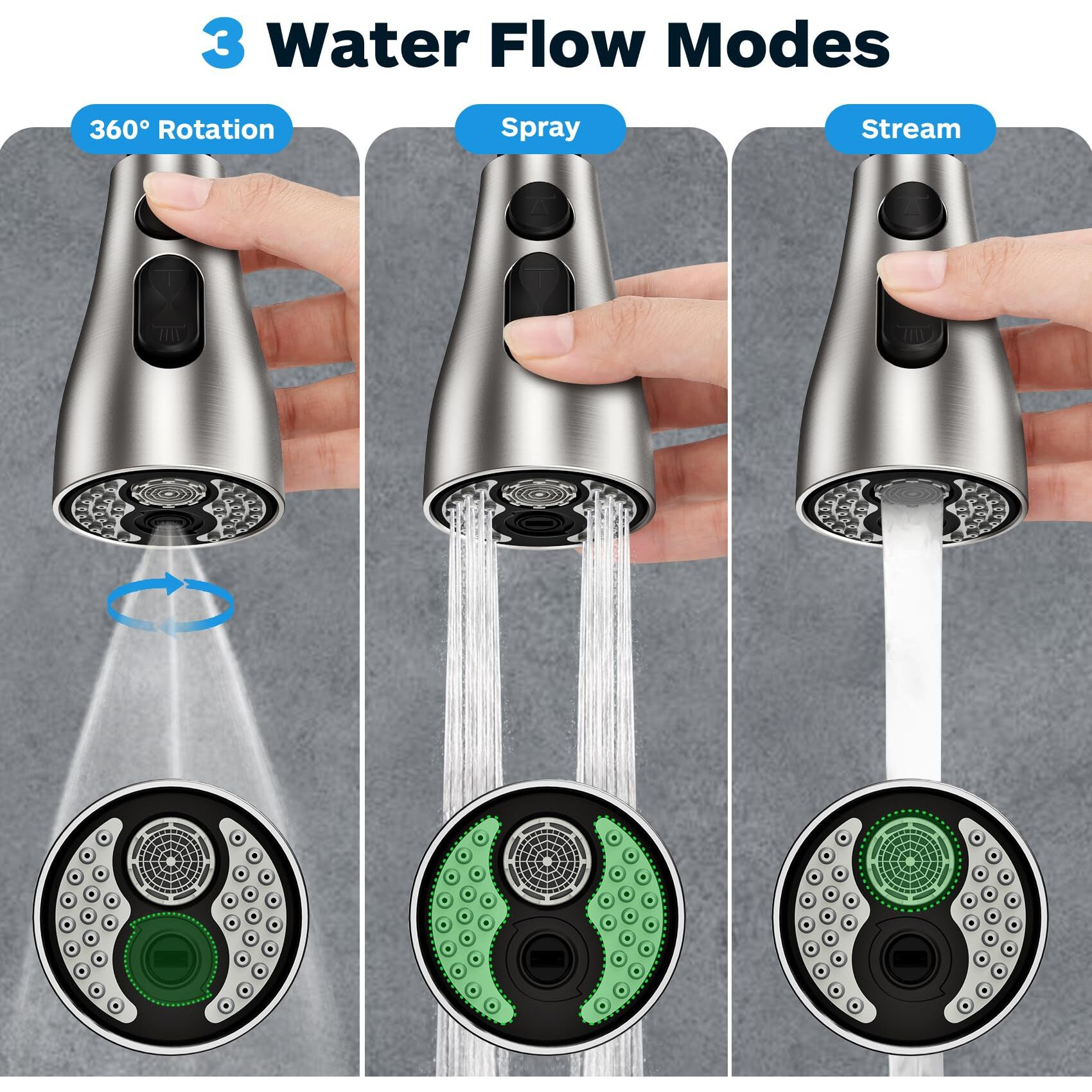 Kitchen Faucet Head Replacement 3 Modes With 12 Adapters, Pull Down Spray Head For Kitchen Faucet, Kitchen Sink Faucet Head G 1/2, Sprayer Head Replacement, Compatible With Moen,Delta, Kohler Faucets