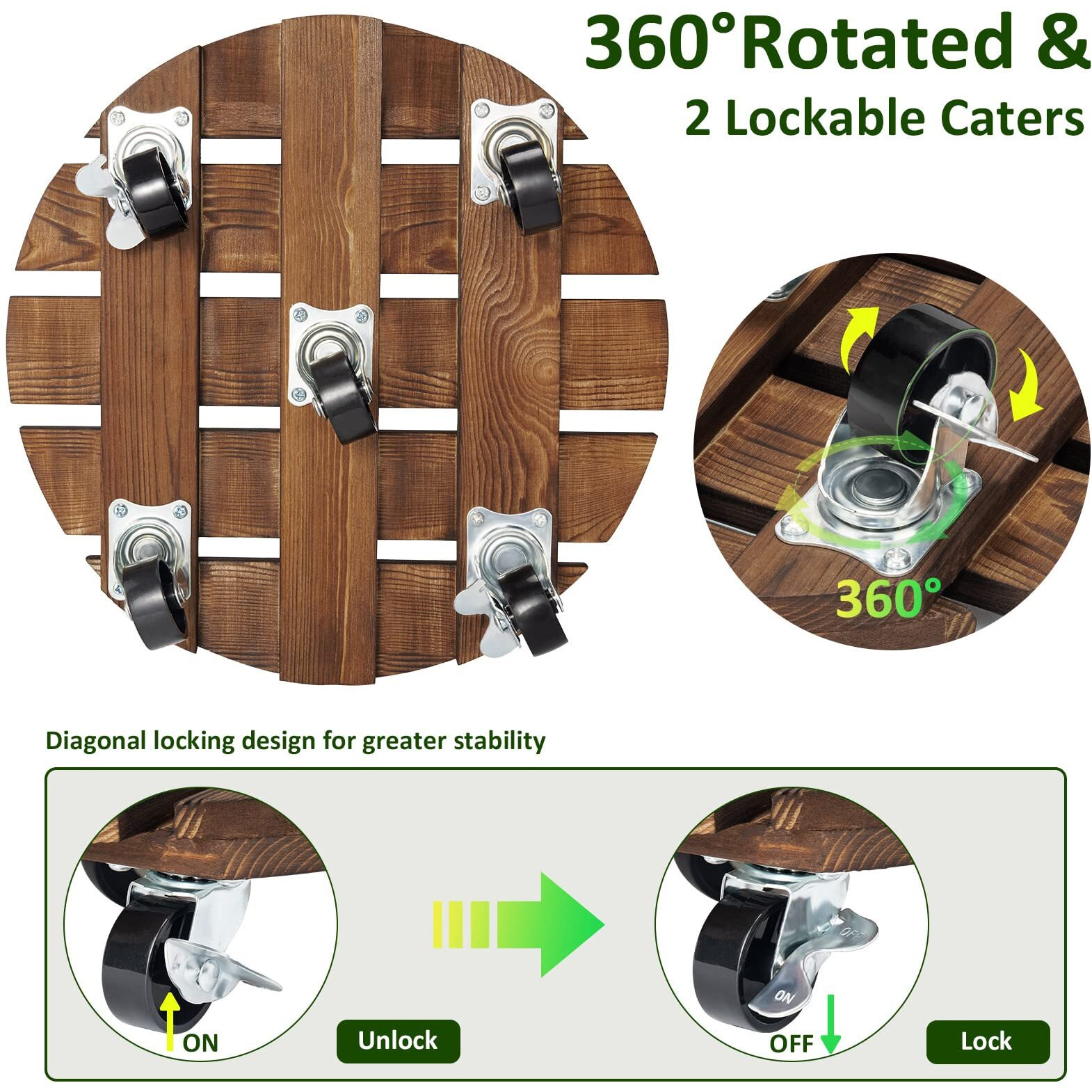Yangbaga 2Pack Plant Caddy 12Wood Duty Rolling Plant Stand With 2 360 Lockable Caster Wheels,Indoor Outdoor On Roller Patio/Flower Pot/Succulent Pots