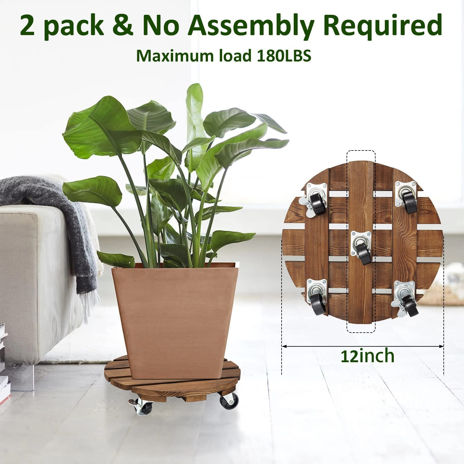 Yangbaga 2Pack Plant Caddy 12Wood Duty Rolling Plant Stand With 2 360 Lockable Caster Wheels,Indoor Outdoor On Roller Patio/Flower Pot/Succulent Pots