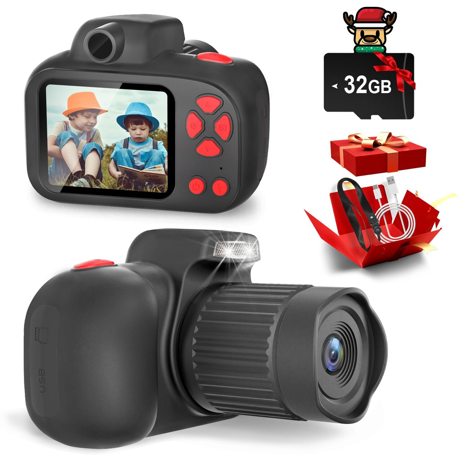 Temodu Kids Camera, Best Birthday Festival Toys Gifts For Girls Boys Age 3 4 5 6 7 8 9 10 11 12 Year Old, Digital Camera For Kids With Video, Toy Camera Toddler Camera For Girls With 32Gb Card - Black