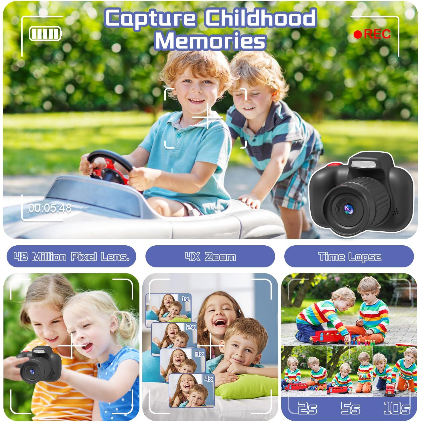 Temodu Kids Camera, Best Birthday Festival Toys Gifts For Girls Boys Age 3 4 5 6 7 8 9 10 11 12 Year Old, Digital Camera For Kids With Video, Toy Camera Toddler Camera For Girls With 32Gb Card - Black