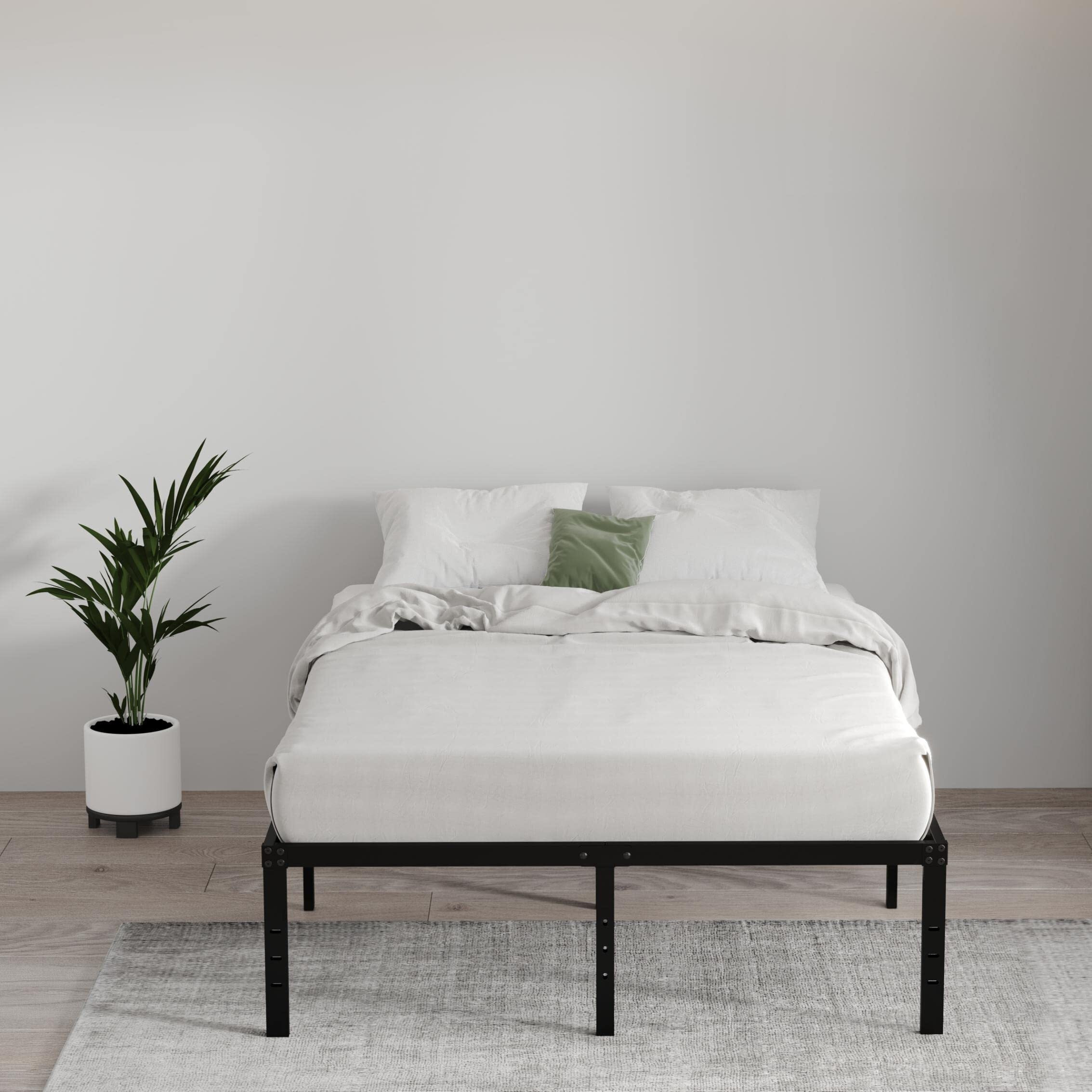 Emoda Queen Bed Frame No Box Spring Needed 18 Inch Heavy Duty Metal Tall Platform Bed Frame Queen Size With Large Storage Space, Easy Assembly, Black