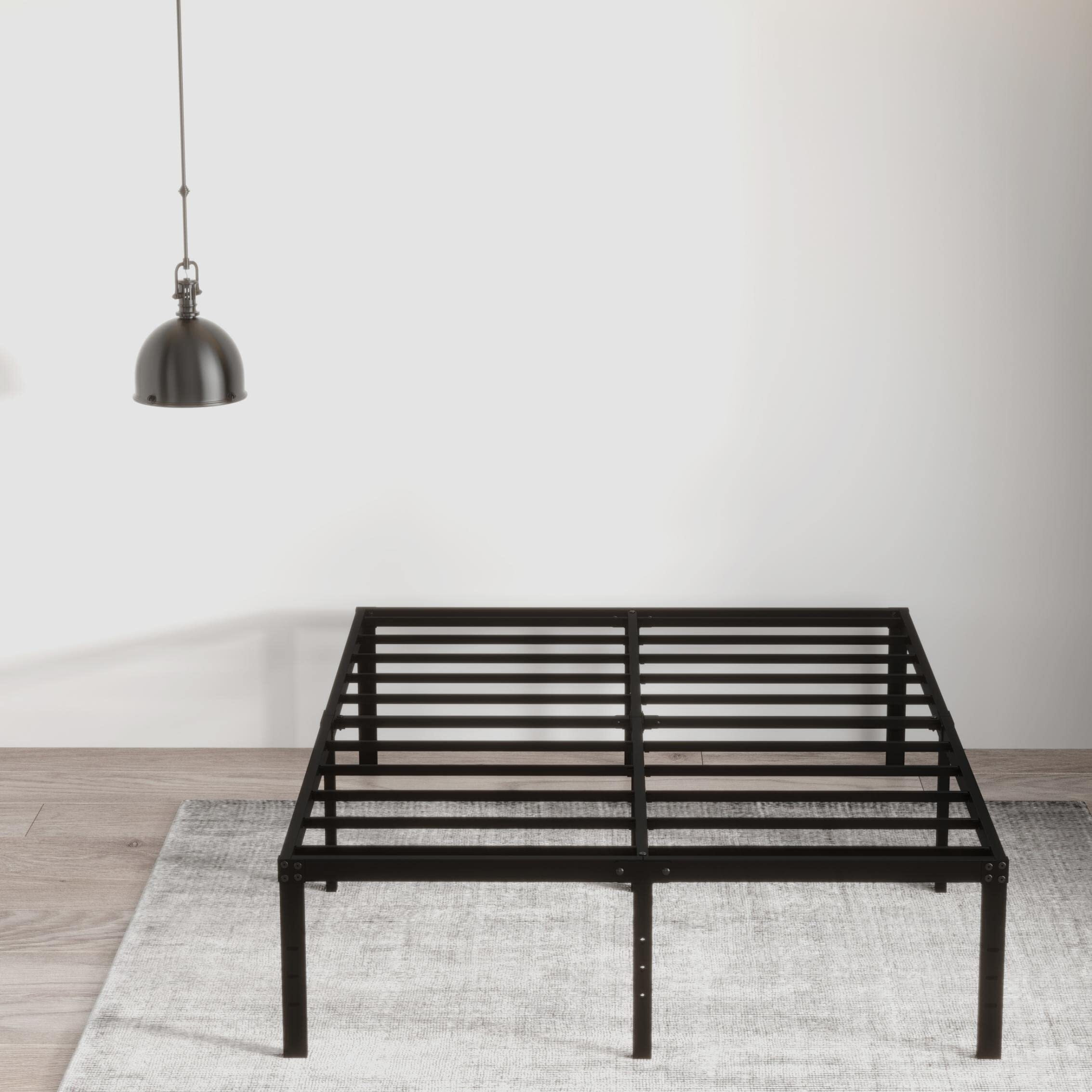 Emoda Queen Bed Frame No Box Spring Needed 18 Inch Heavy Duty Metal Tall Platform Bed Frame Queen Size With Large Storage Space, Easy Assembly, Black
