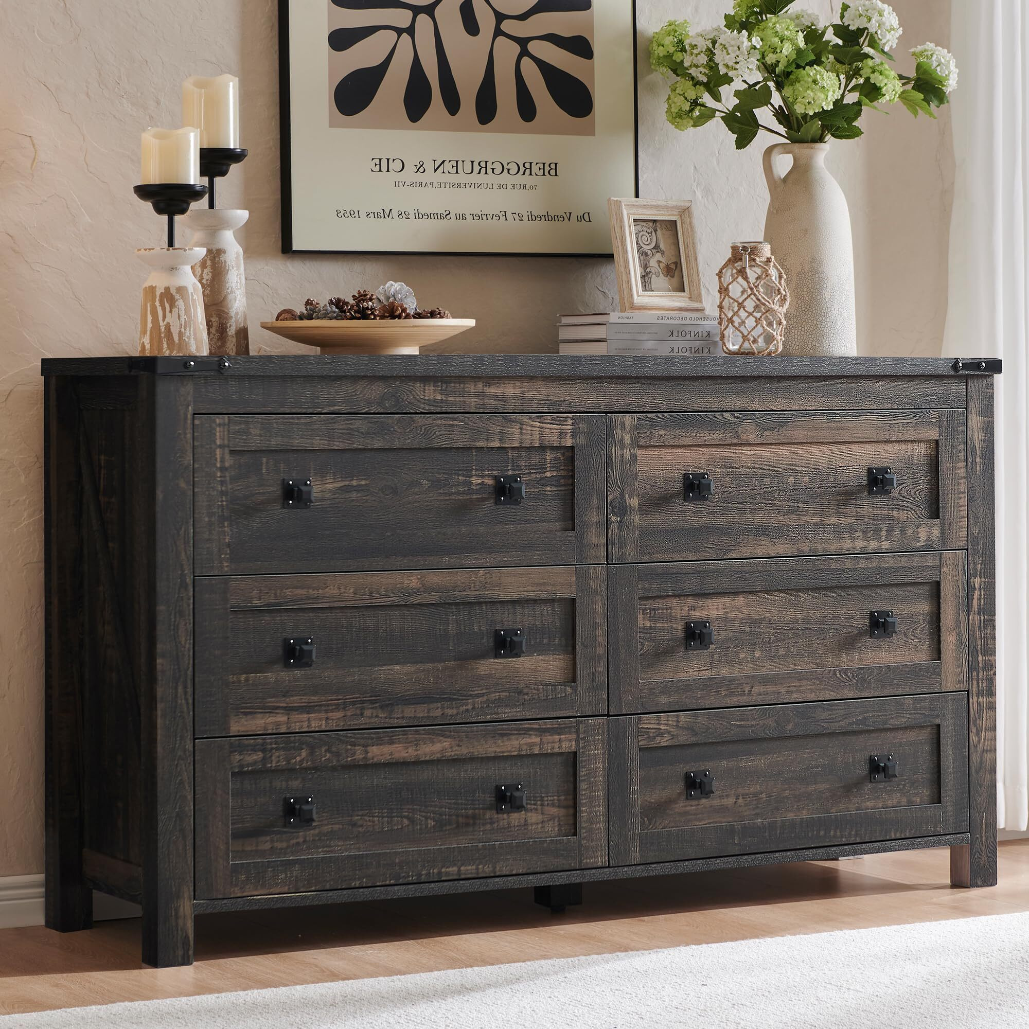 T4Tream Farmhouse 6 Drawers Dresser For Bedroom, Wood Rustic Wide Chest Of Drawers, Storage Dressers Organizer For Bedroom, Living Room, Hallway, Dark Rustic Oak