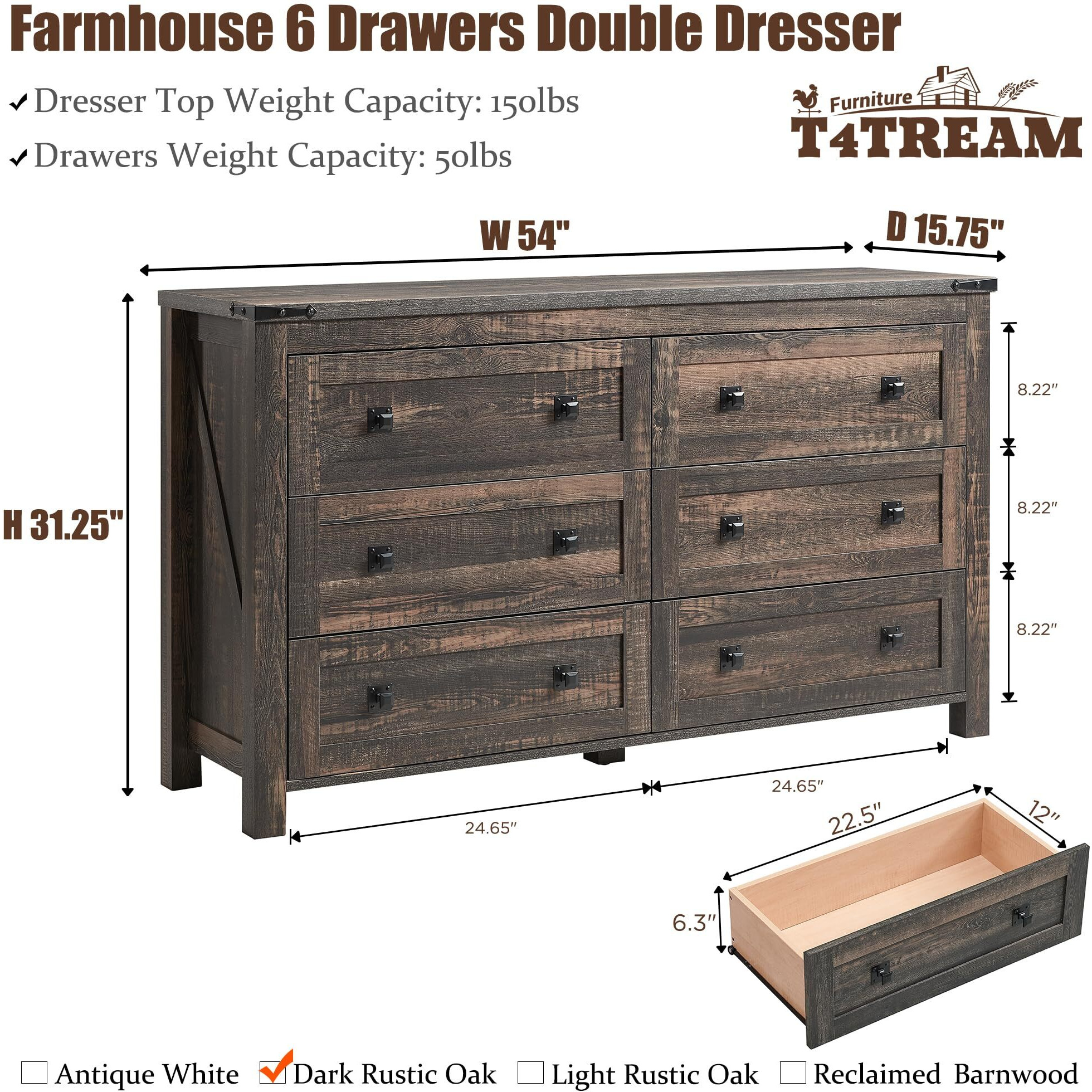 T4Tream Farmhouse 6 Drawers Dresser For Bedroom, Wood Rustic Wide Chest Of Drawers, Storage Dressers Organizer For Bedroom, Living Room, Hallway, Dark Rustic Oak