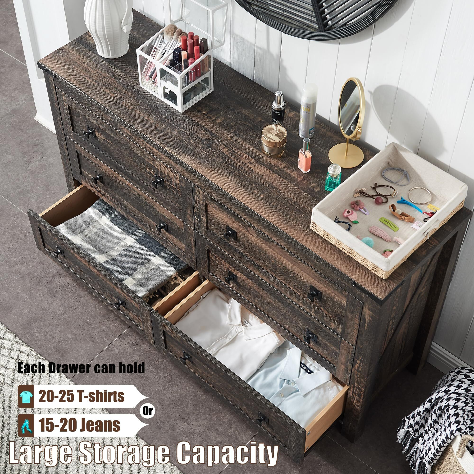 T4Tream Farmhouse 6 Drawers Dresser For Bedroom, Wood Rustic Wide Chest Of Drawers, Storage Dressers Organizer For Bedroom, Living Room, Hallway, Dark Rustic Oak