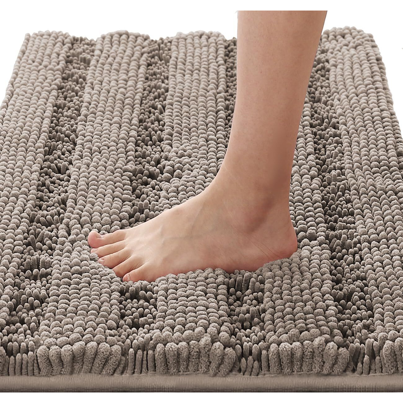H.Versailtex Bathroom Rugs Bath Rugs For Bathroom Non Slip Bath Mats Extra Thick Chenille Striped Rug 17"" X 24"" Absorbent Soft Shaggy Washable Dry Fast Bath Mats For Bathroom Floor - Taupe