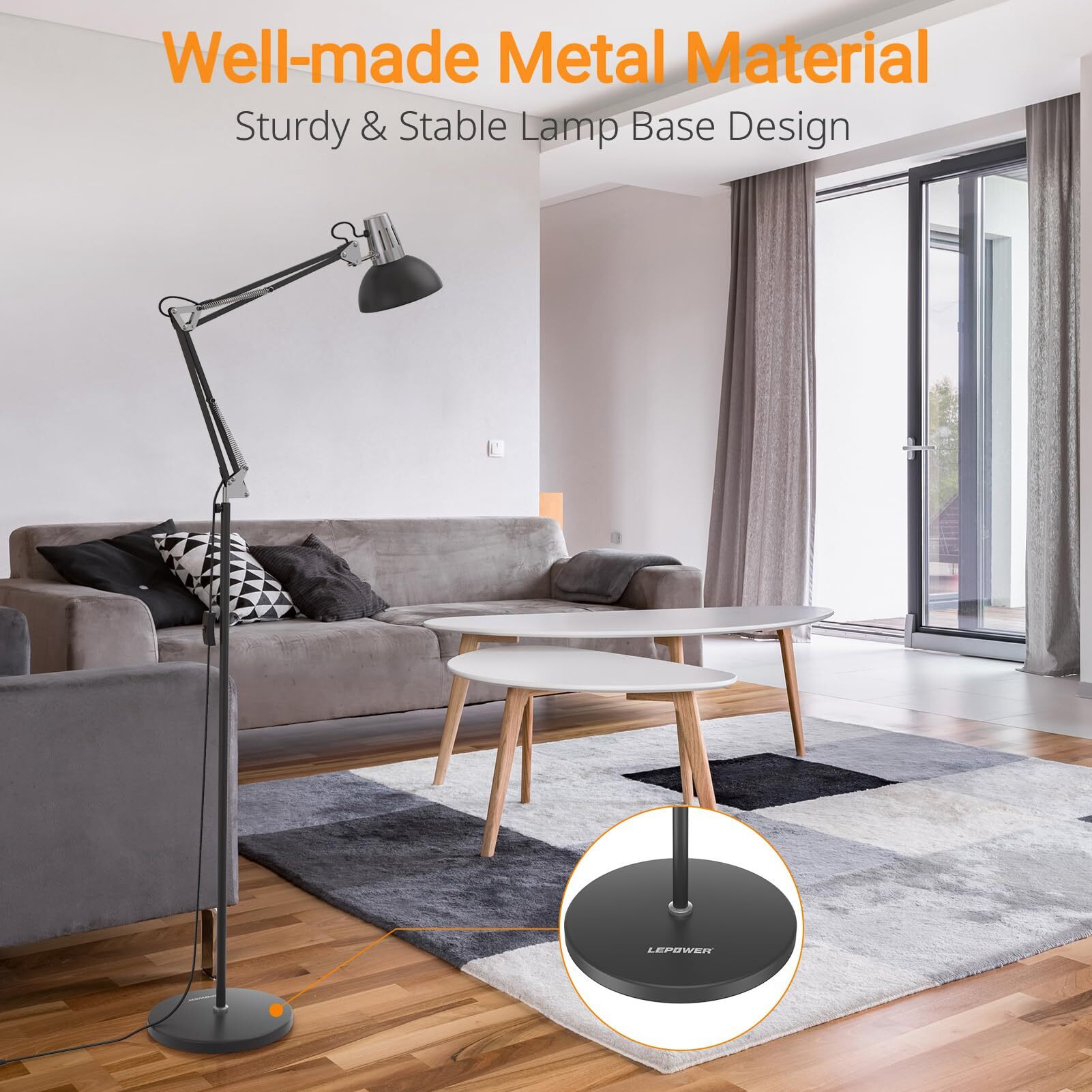 Lepower Floor Lamp, Swing Arm Floor Lamp, Industrial Tall Lamp With Heavy Metal Base, E26 Base Standing Reading Lamp, Modern Lamp For Home Office, Living Room, Bedroom Black