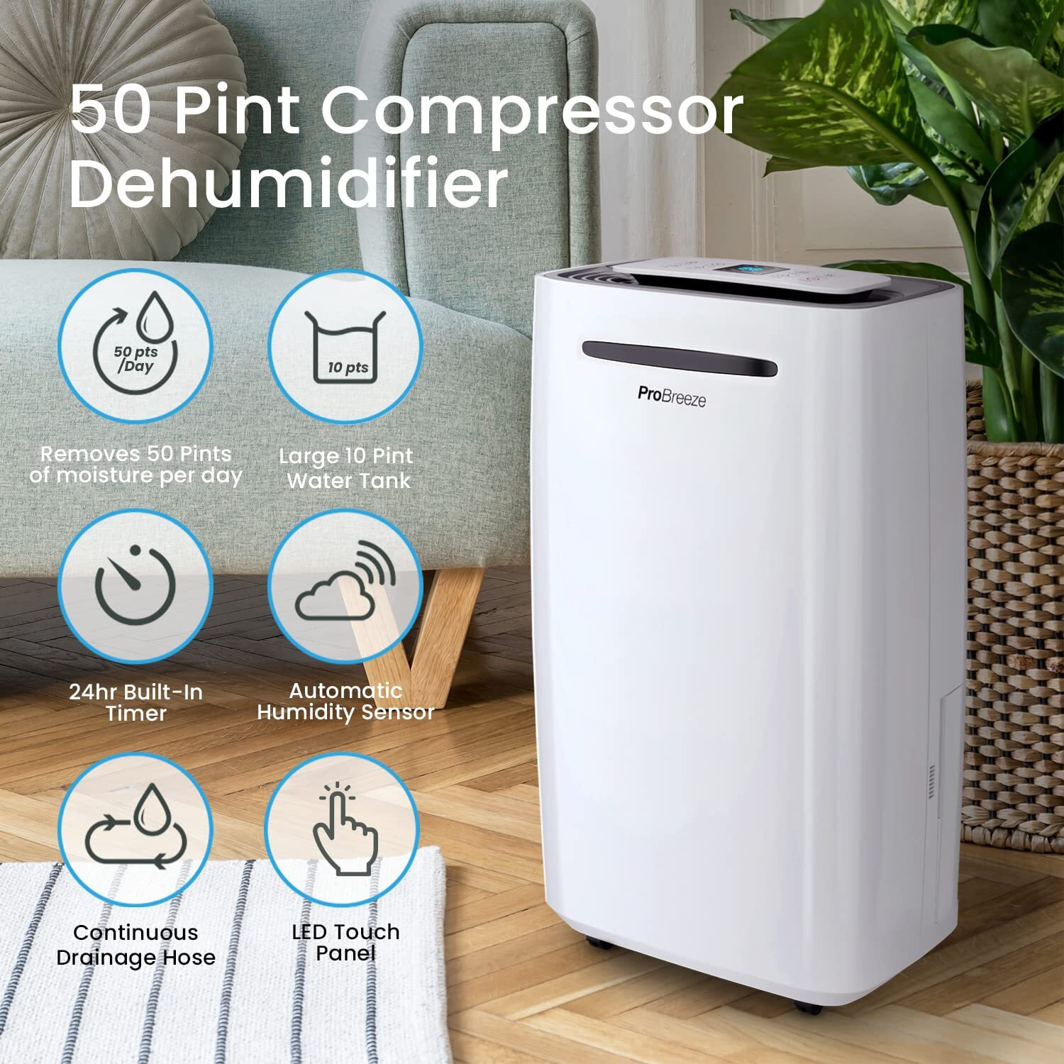 Pro Breeze 50 Pint Dehumidifier - 3,500 4,000 Sq Ft Dehumidifiers For Home Large Room Basements With Humidity Sensor, Auto Shut Off, Continuous Drainage Hose, Removes Moisture, Ideal For Basement
