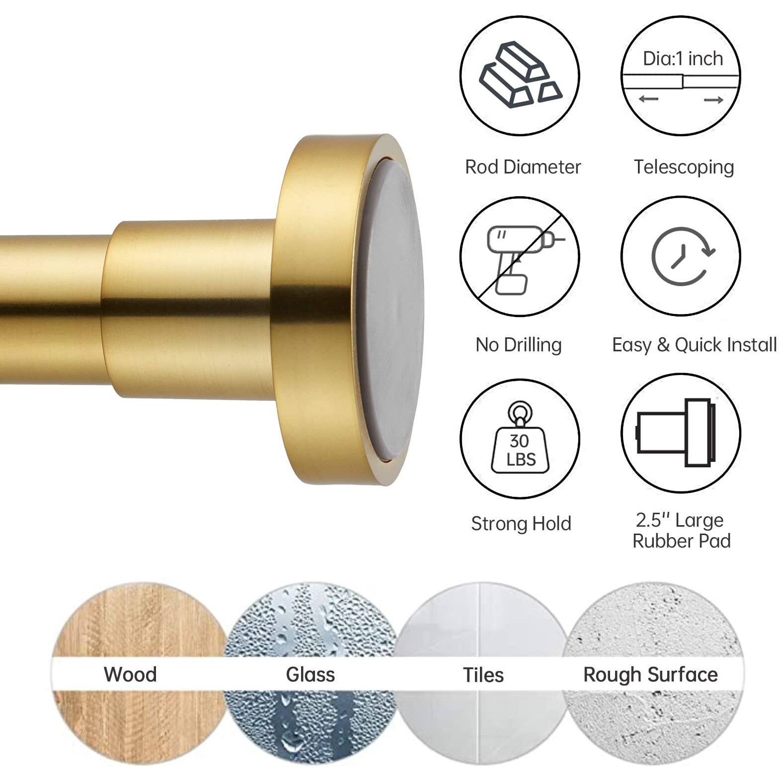 Eboatop Shower Curtain Rod Tension- Never Rust No Drill Non-Slip Spring Tension Shower Rod, 54-90 Inches Metal Steel, Gold