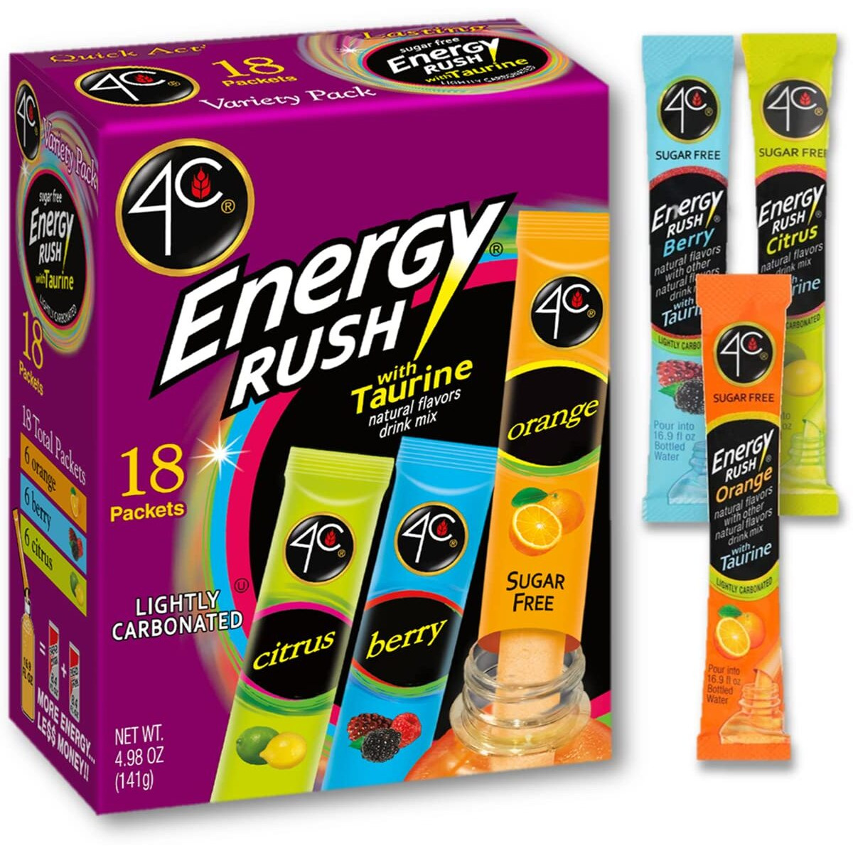 4C Energy Rush Stix, Variety 1 Pack, 18 Count, Single Serve Water Flavoring Packets, Sugar Free With Taurine, On The Go Bundle