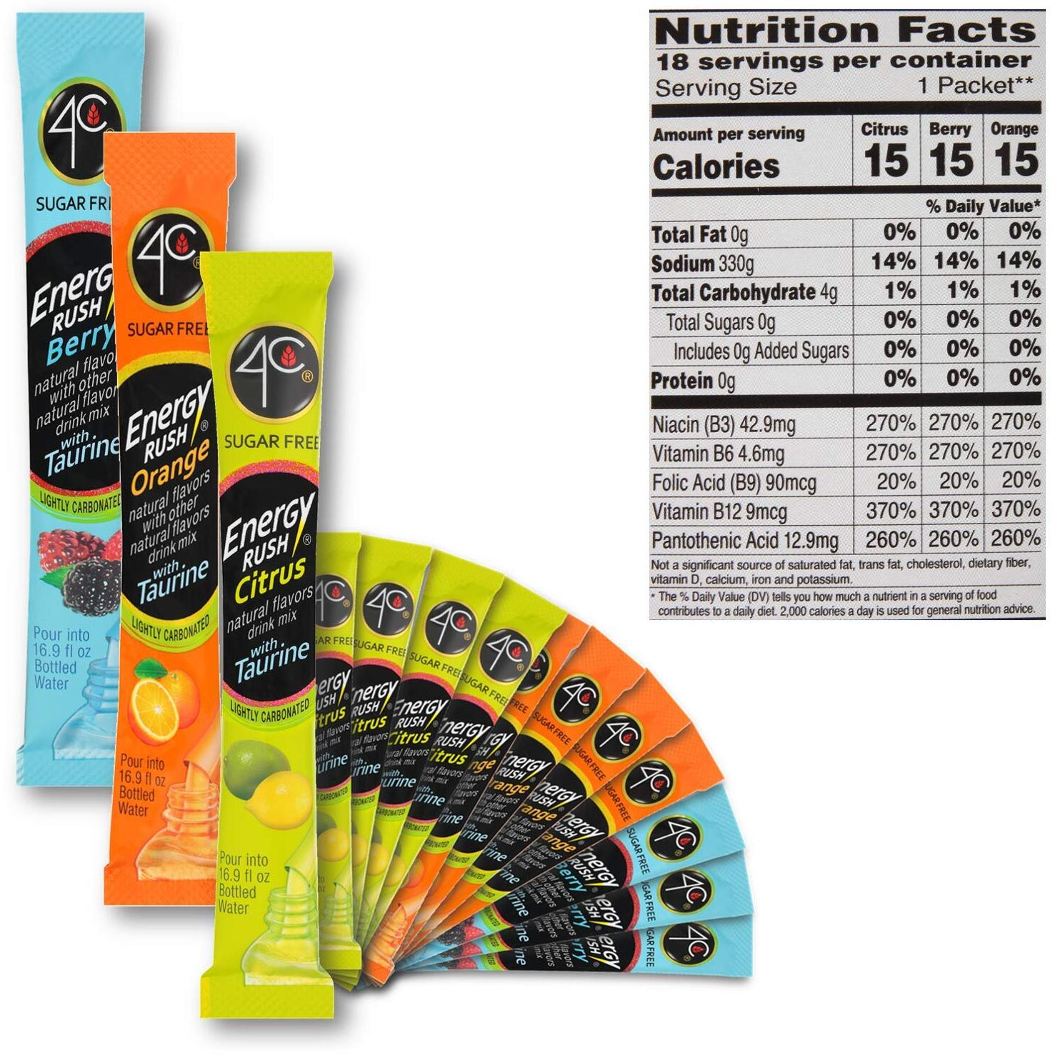 4C Energy Rush Stix, Variety 1 Pack, 18 Count, Single Serve Water Flavoring Packets, Sugar Free With Taurine, On The Go Bundle