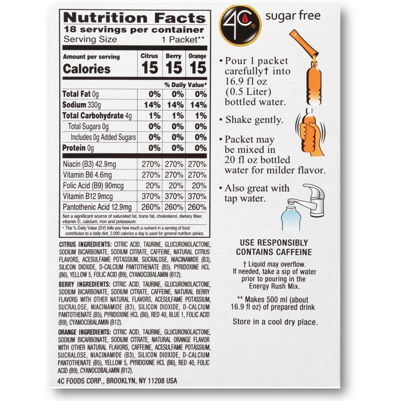 4C Energy Rush Stix, Variety 1 Pack, 18 Count, Single Serve Water Flavoring Packets, Sugar Free With Taurine, On The Go Bundle