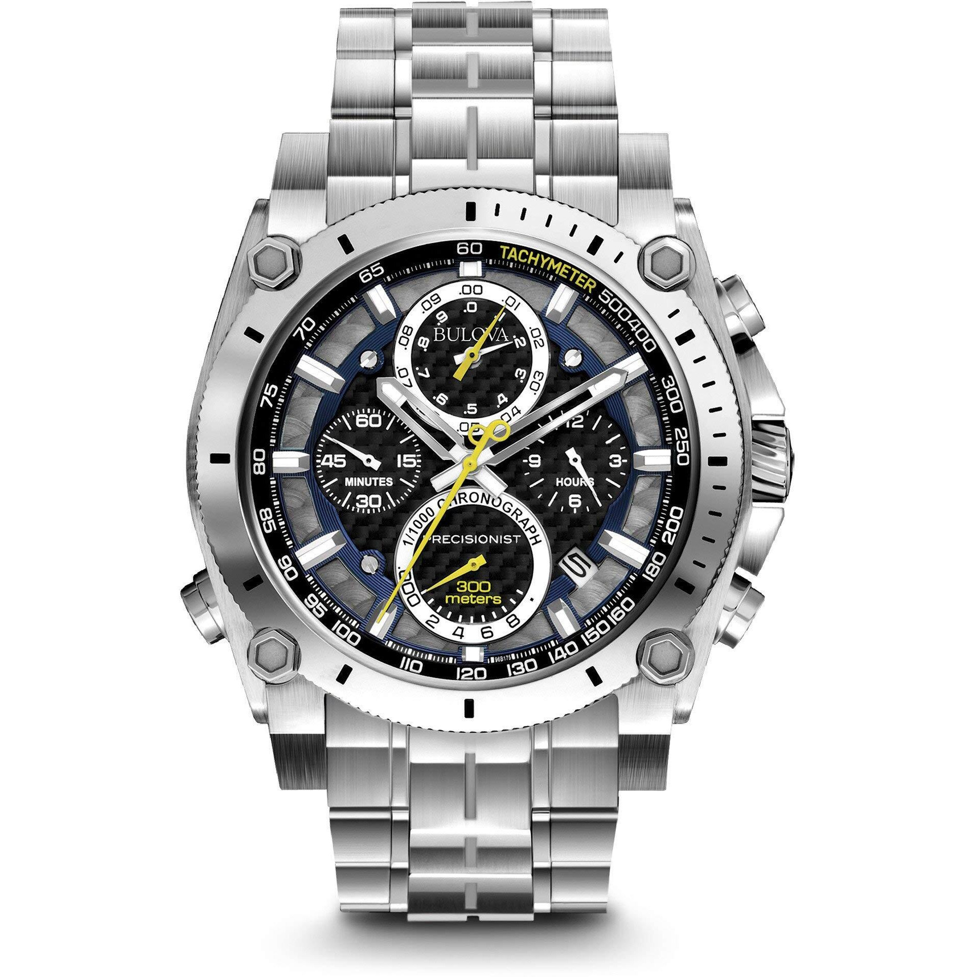 Bulova Men's Precisionist In Stainless Steel With 8-Hand Chronograph Watch, Blue And Yellow Accents, Black Dial Style 96B175