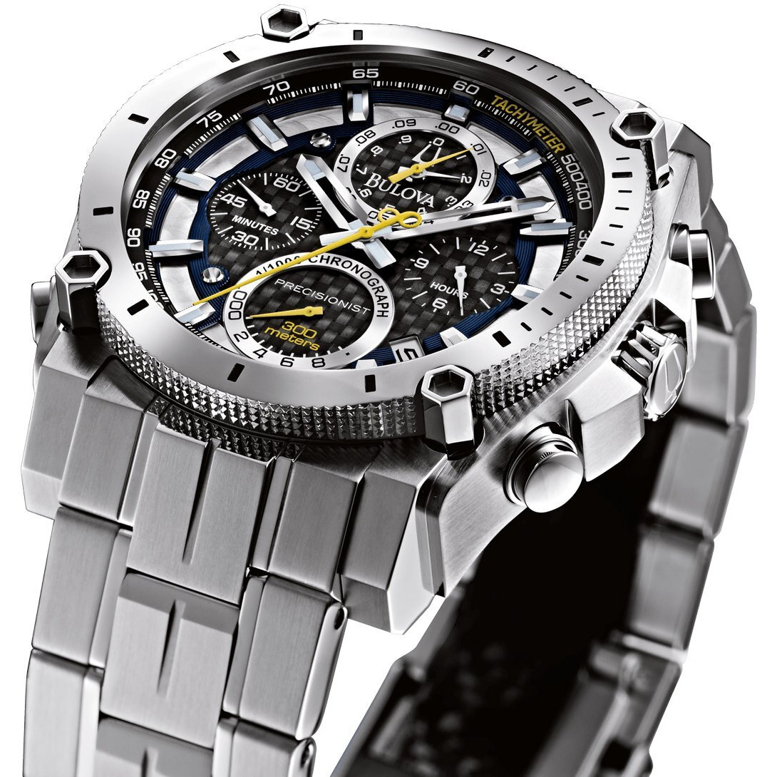 Bulova Men's Precisionist In Stainless Steel With 8-Hand Chronograph Watch, Blue And Yellow Accents, Black Dial Style 96B175
