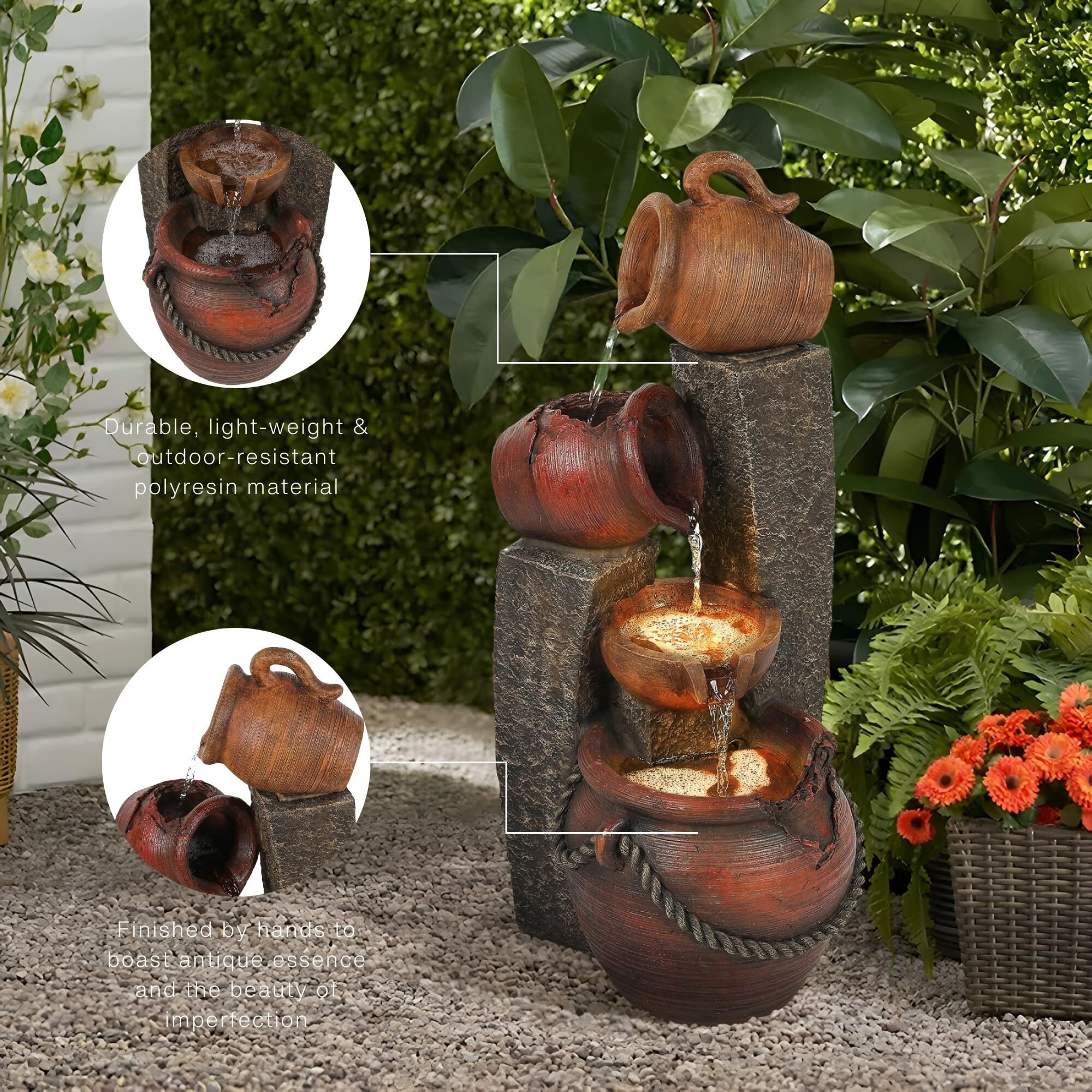 Luxenhome 32 Inch Outdoor Water Fountain, Cascading Pitchers Farmhouse Outdoor Fountains And Waterfalls With Led Lights, Water Fountain Outdoor Patio Decor, Waterfall Fountain Indoor And Outdoor