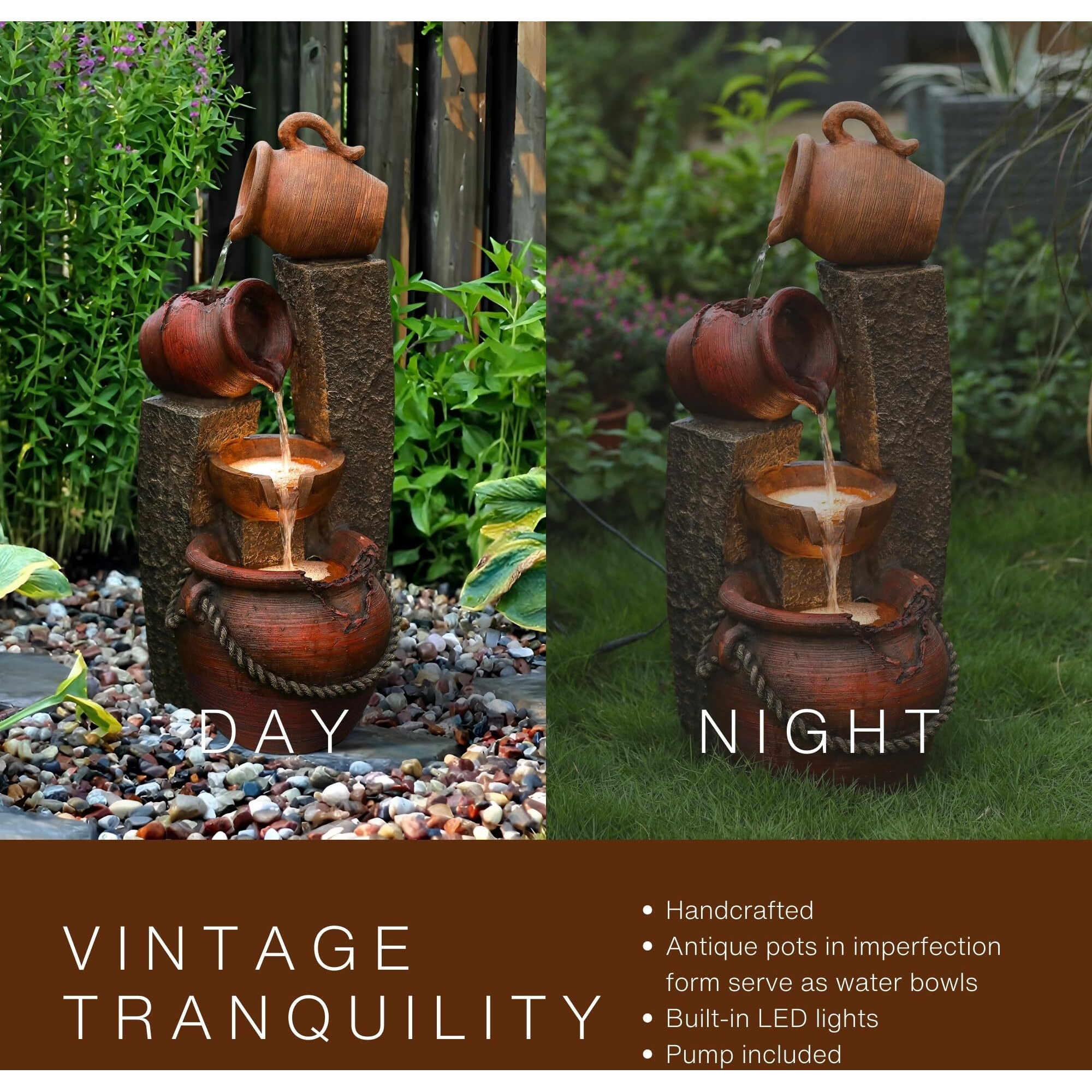 Luxenhome 32 Inch Outdoor Water Fountain, Cascading Pitchers Farmhouse Outdoor Fountains And Waterfalls With Led Lights, Water Fountain Outdoor Patio Decor, Waterfall Fountain Indoor And Outdoor
