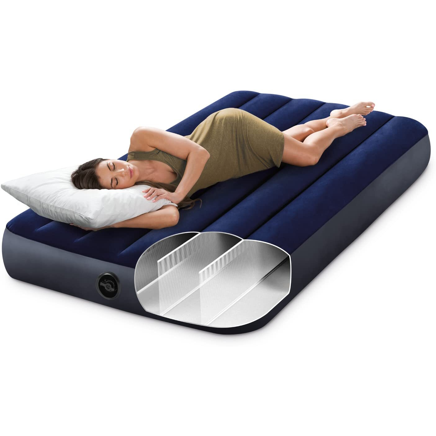 Intex 64757E Dura-Beam Standard Downy Air Mattress Fiber-Tech - Twin Size - 10In Bed Height - 300Lb Weight Capacity - Pump Sold Separately Blue