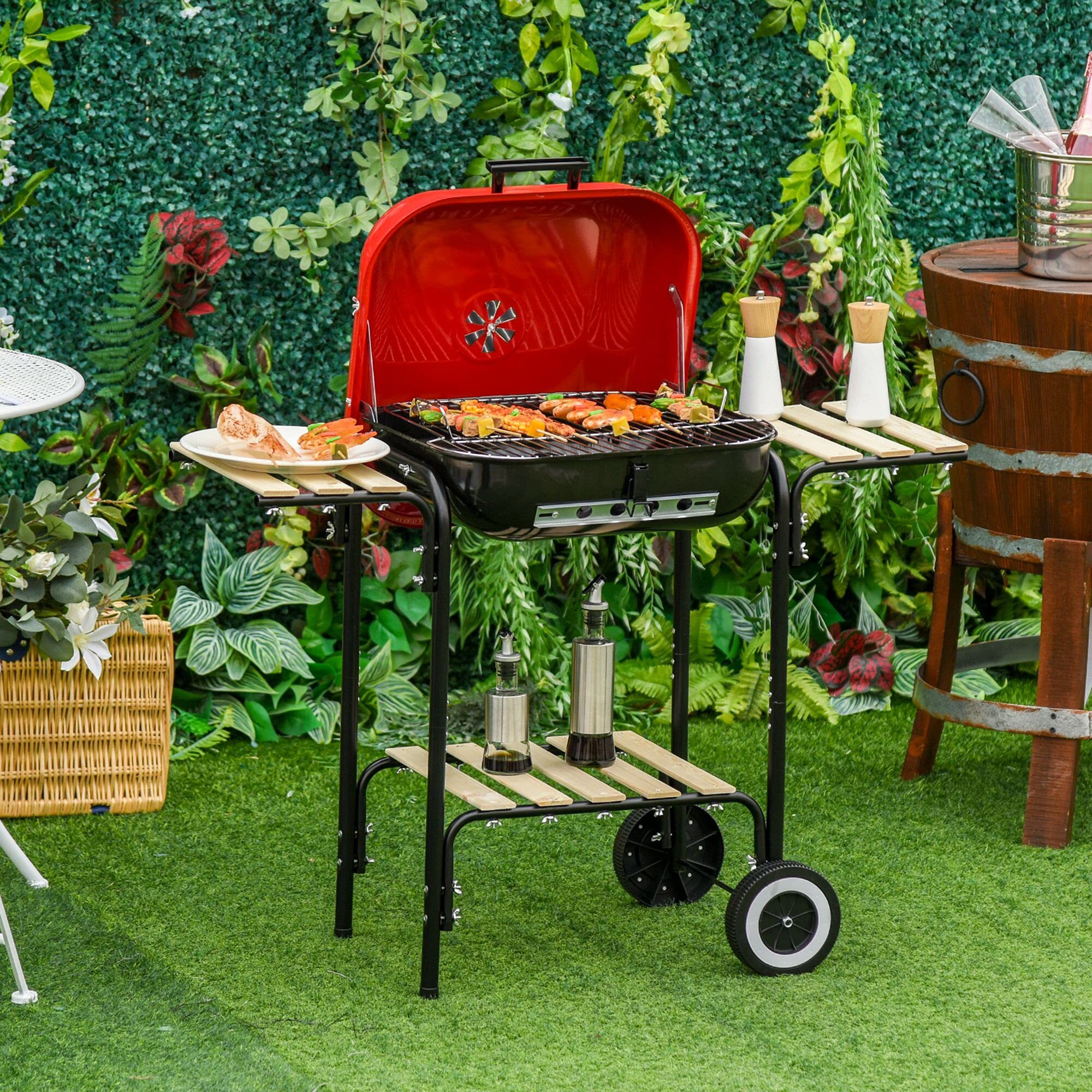 Outsunny Portable Charcoal Grill With Two Side Shelf And Bottom Shelf, Bbq Smoker With Wheels And Adjustable Vents On Lid For Picnic Camping Backyard Cooking, Black