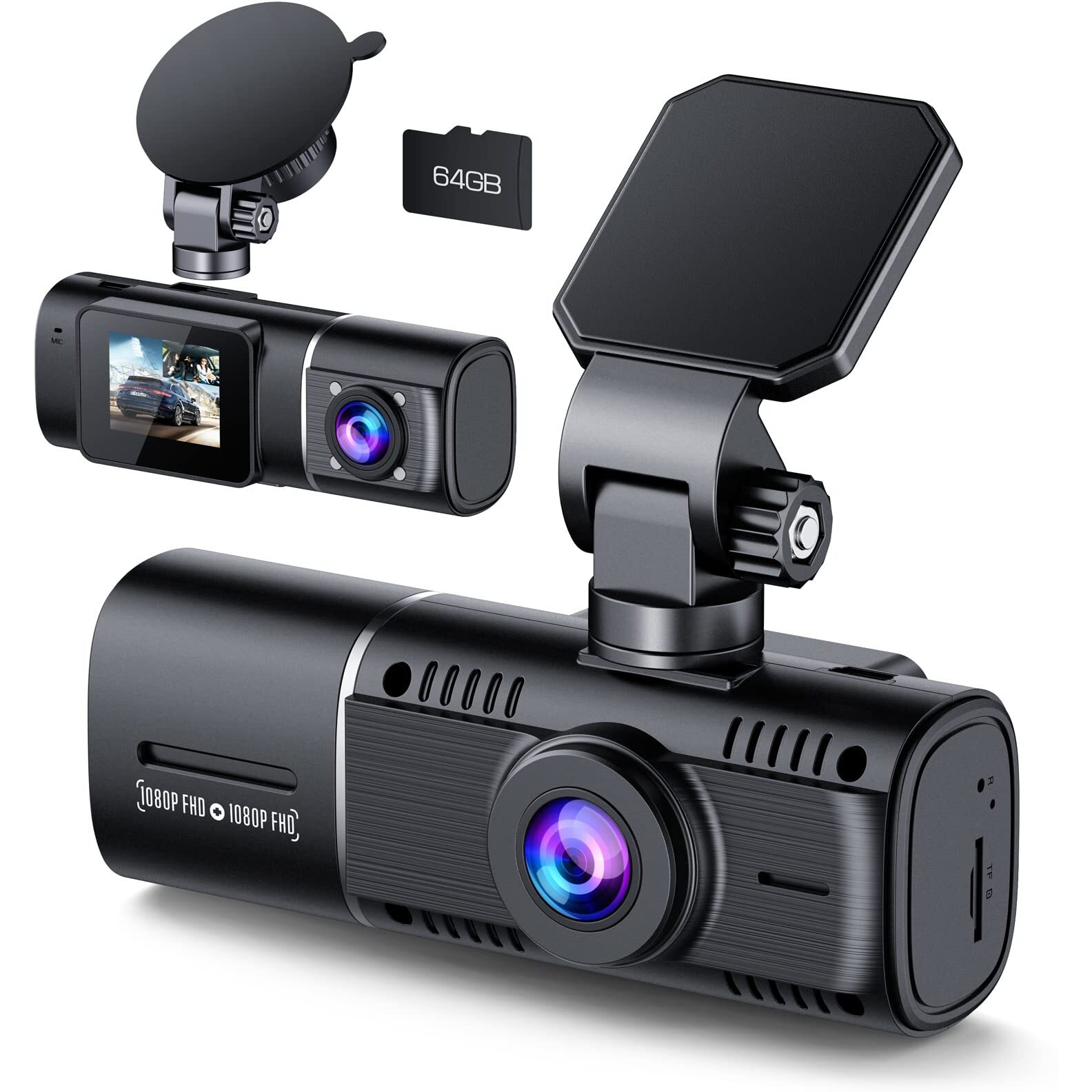 Dual Dash Cam Front And Inside 1080P Dash Camera For Cars Ir Night Vision Car Camera For Taxi Accident Lock Parking Monitor 2 Mounting Options 64Gb Sd Card