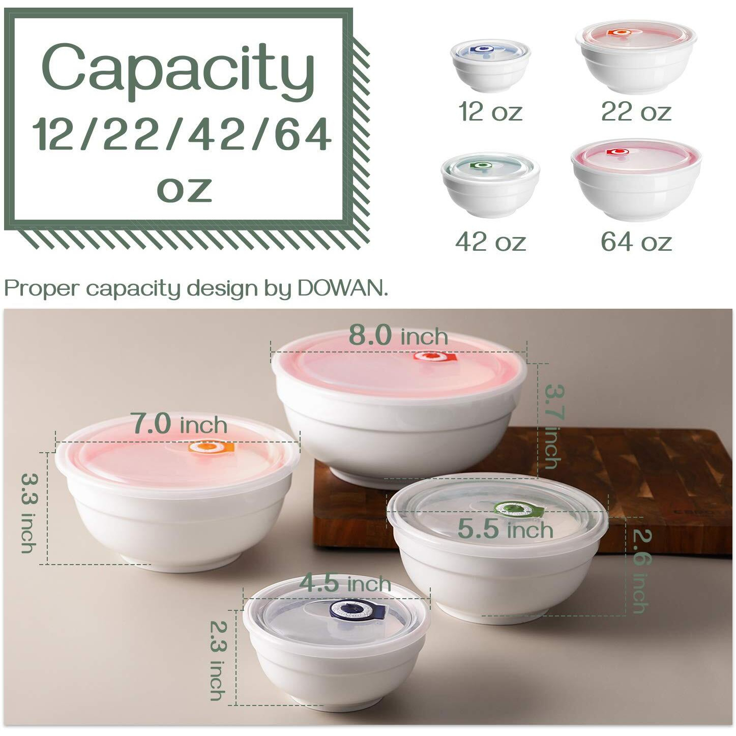Dowan Ceramic Bowl Set With Lids, Serving Bowls With Lids, Food Storage Container, Porcelain Prep Bowl, Small Mixing Bowls For Kitchen, Microwave & Dishwasher Safe, 64/42/22/12 Ounces, Set Of 4
