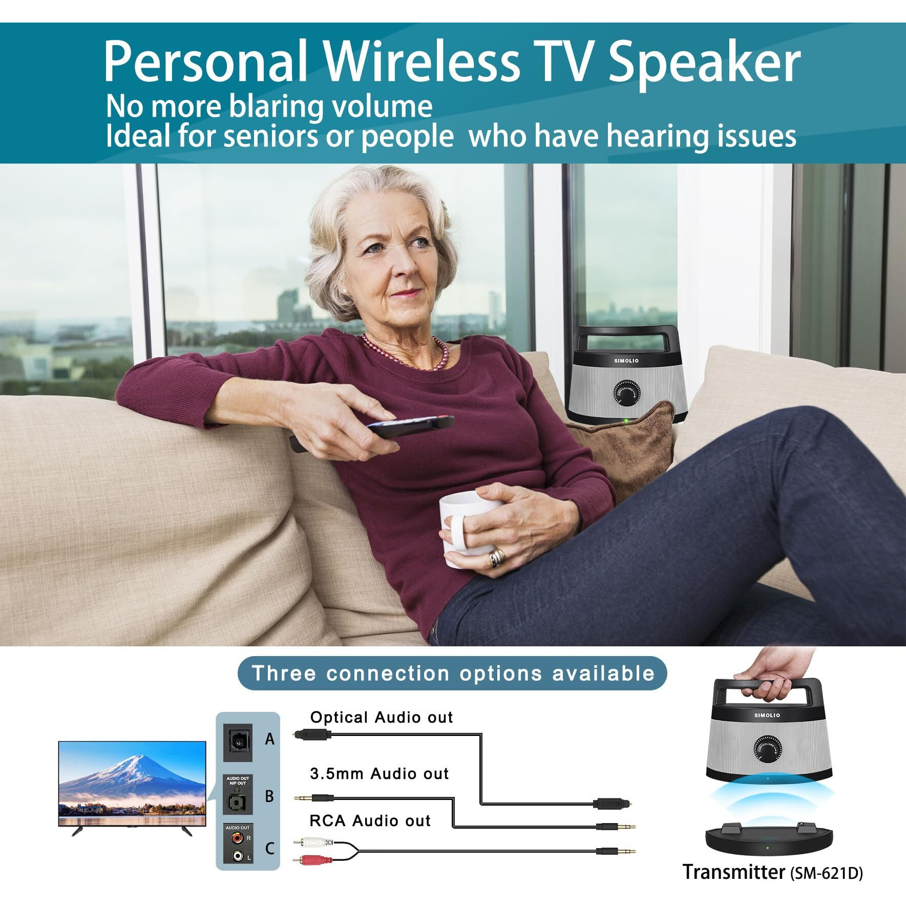 Simolio Wireless Speakers For Tv, Portable, Assistive, Clarifying Dialog Tv Speaker For Hard Of Hearing & Seniors, Gifts For Elderly, Compatible With Optical/Rca/Headphone Ported Tv, No Delay, Sm621D
