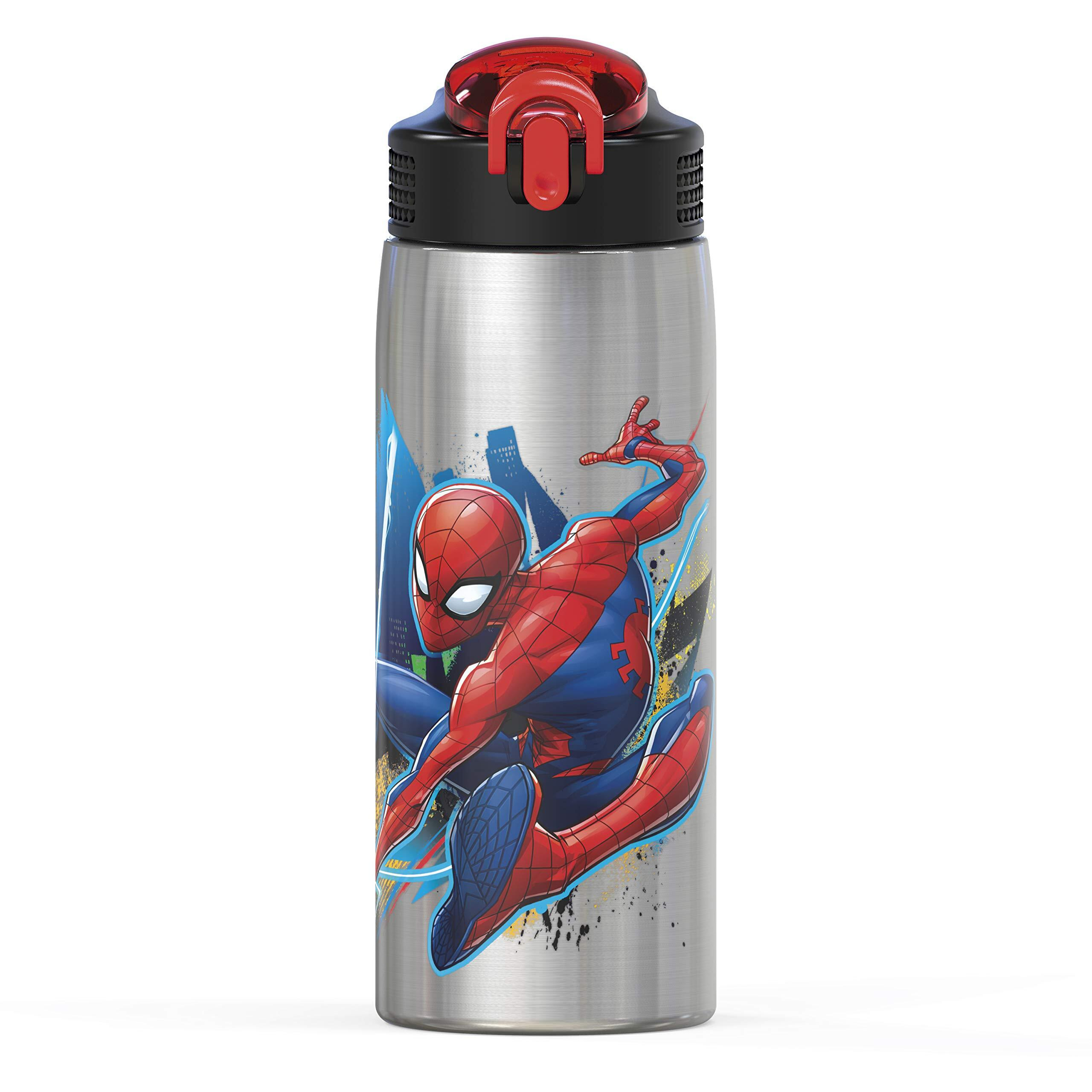 Zak Designs 27Oz Marvel 18/8 Single Wall Stainless Steel Water Bottle With Flip-Up Straw And Locking Spout Cover, Durable Cup For Sports Or Travel (27Oz, Spider-Man)