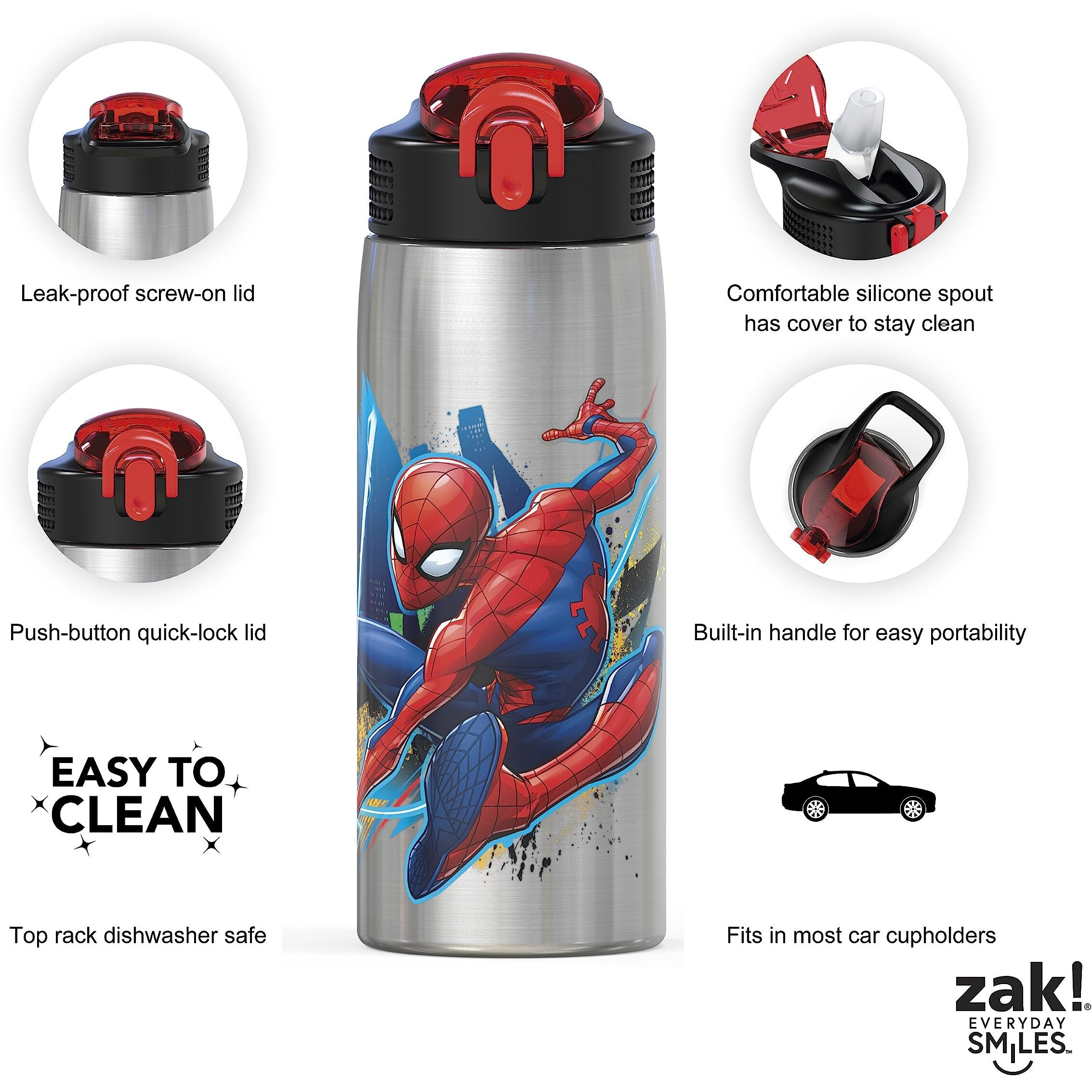 Zak Designs 27Oz Marvel 18/8 Single Wall Stainless Steel Water Bottle With Flip-Up Straw And Locking Spout Cover, Durable Cup For Sports Or Travel (27Oz, Spider-Man)