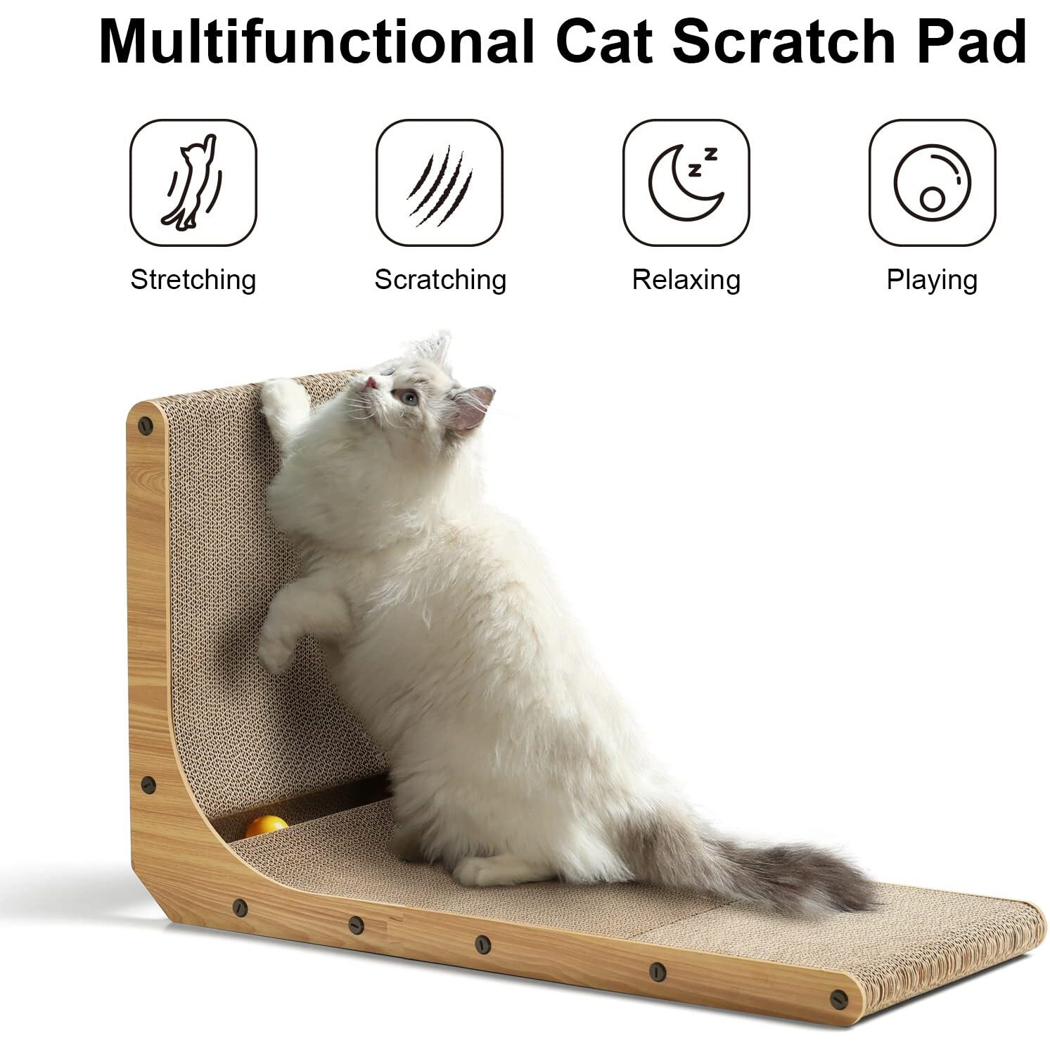 Fukumaru Cat Scratcher, 26.8 Inch L Shape Cat Scratch Pad Wall Mounted, Cat Scratching Cardboard With Ball Toy For Indoor Cats, Large Size
