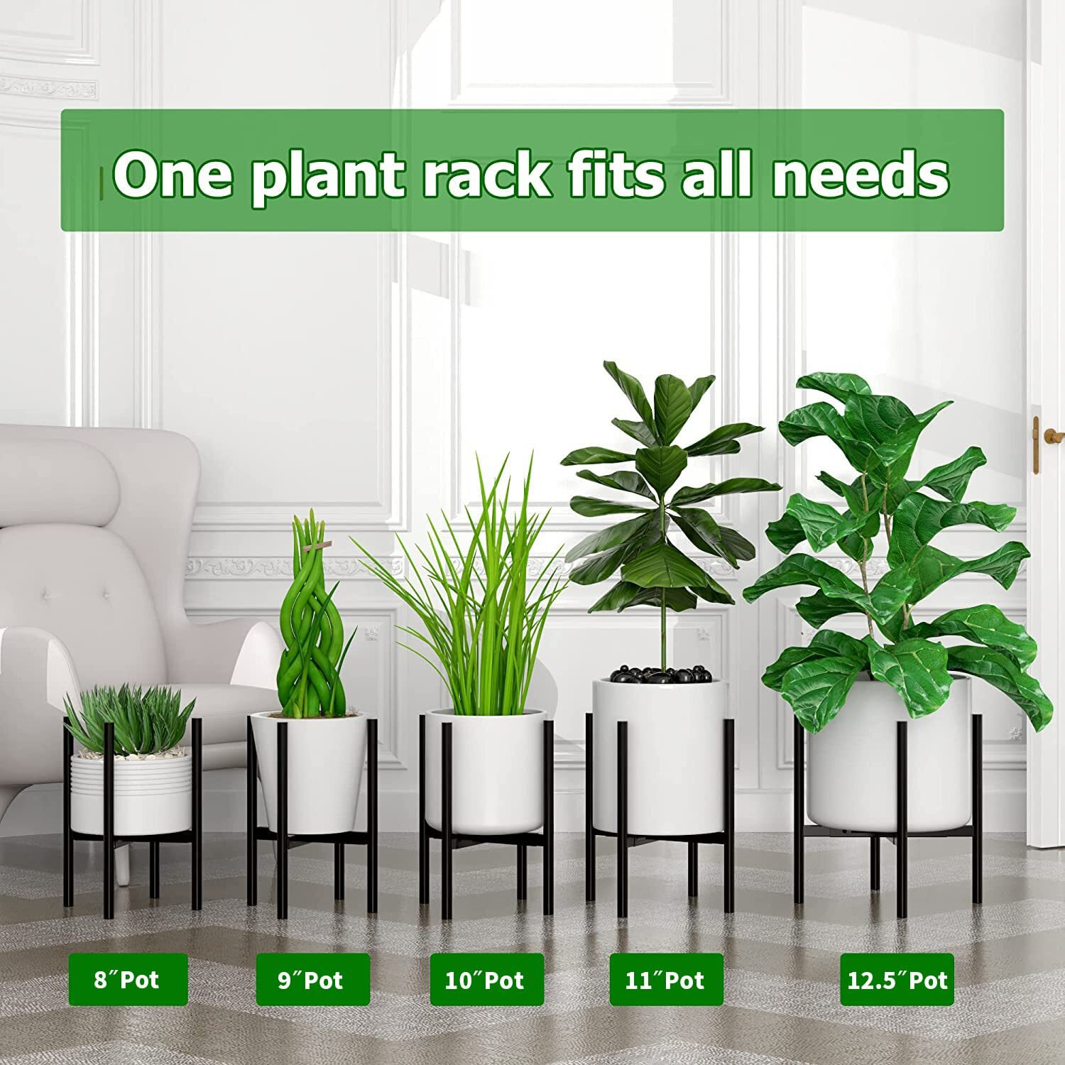 Eknitey Adjustable Plant Pot Stand Indoor Outdoor Modern Flower Holder Metal Plant Rack Organizer Planter Stand For Garden Patio Corner Bathroom Living Room Balcony Home Office (Black)