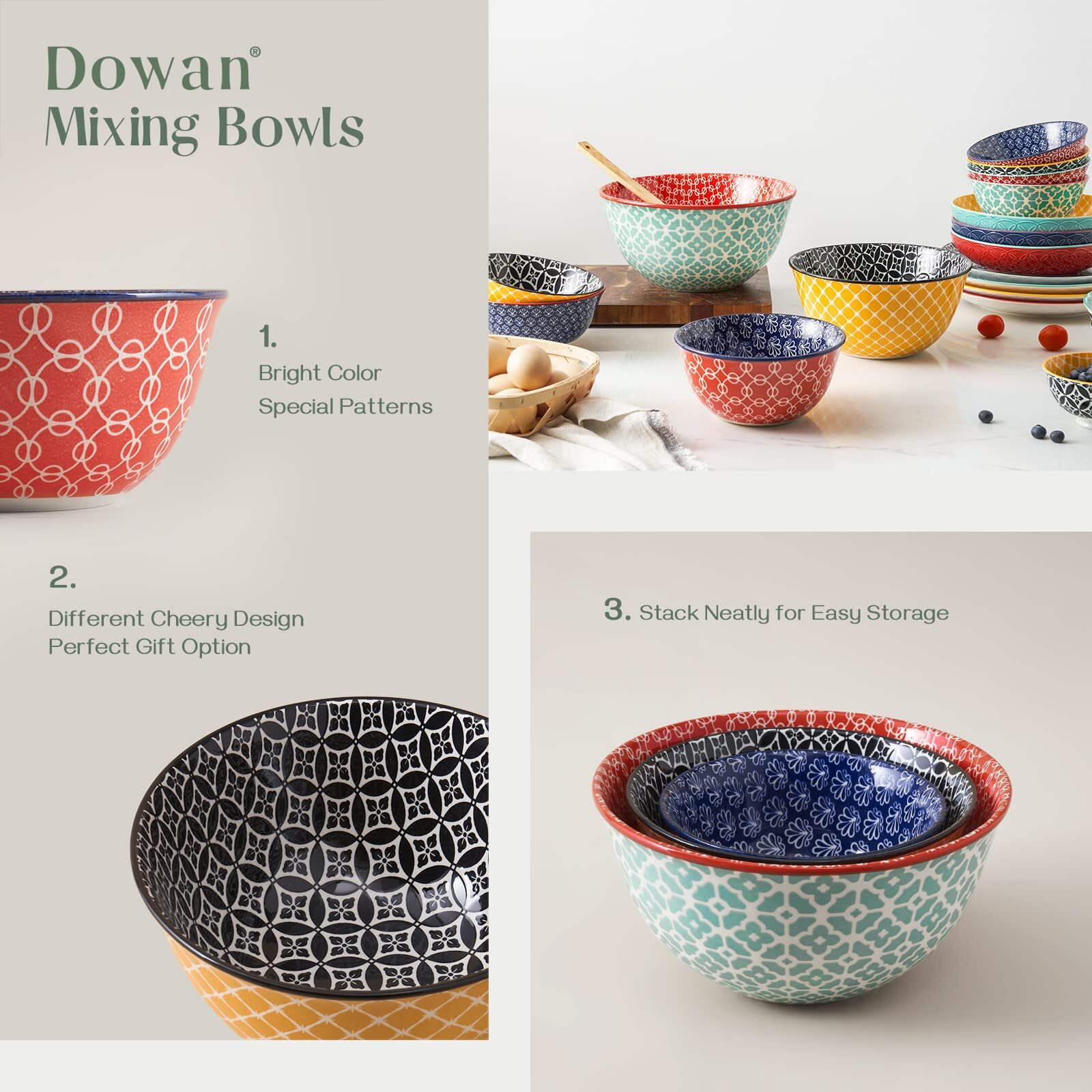 Dowan Mixing Bowls, Ceramic Mixing Bowls For Kitchen, Colorful Vibrant Nesting Bowls For Cooking, Baking, Prepping, Serving, Salad, Housewarming Gift, Microwave Dishwasher Safe, 3.7/2/1 Qt, Set Of 3