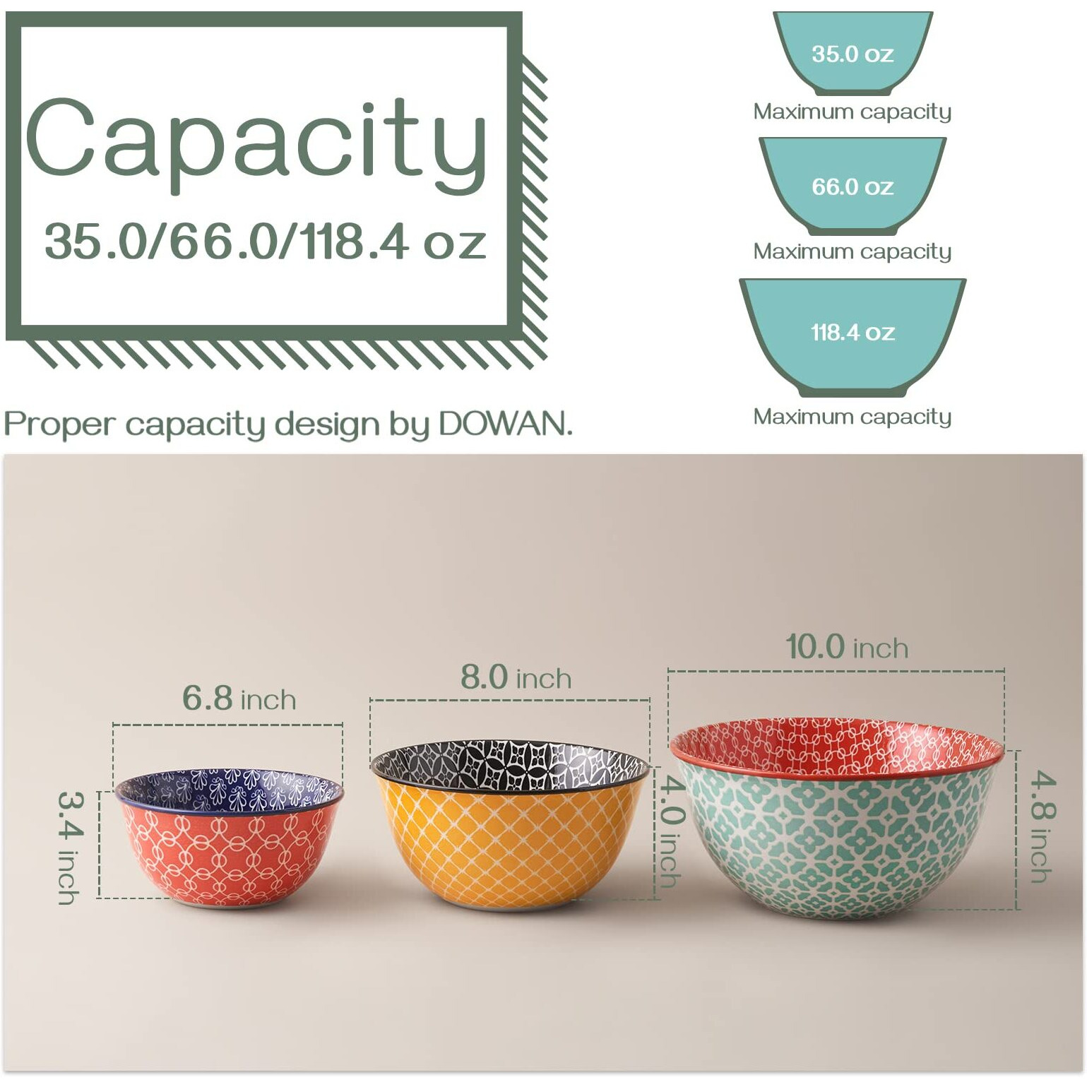 Dowan Mixing Bowls, Ceramic Mixing Bowls For Kitchen, Colorful Vibrant Nesting Bowls For Cooking, Baking, Prepping, Serving, Salad, Housewarming Gift, Microwave Dishwasher Safe, 3.7/2/1 Qt, Set Of 3