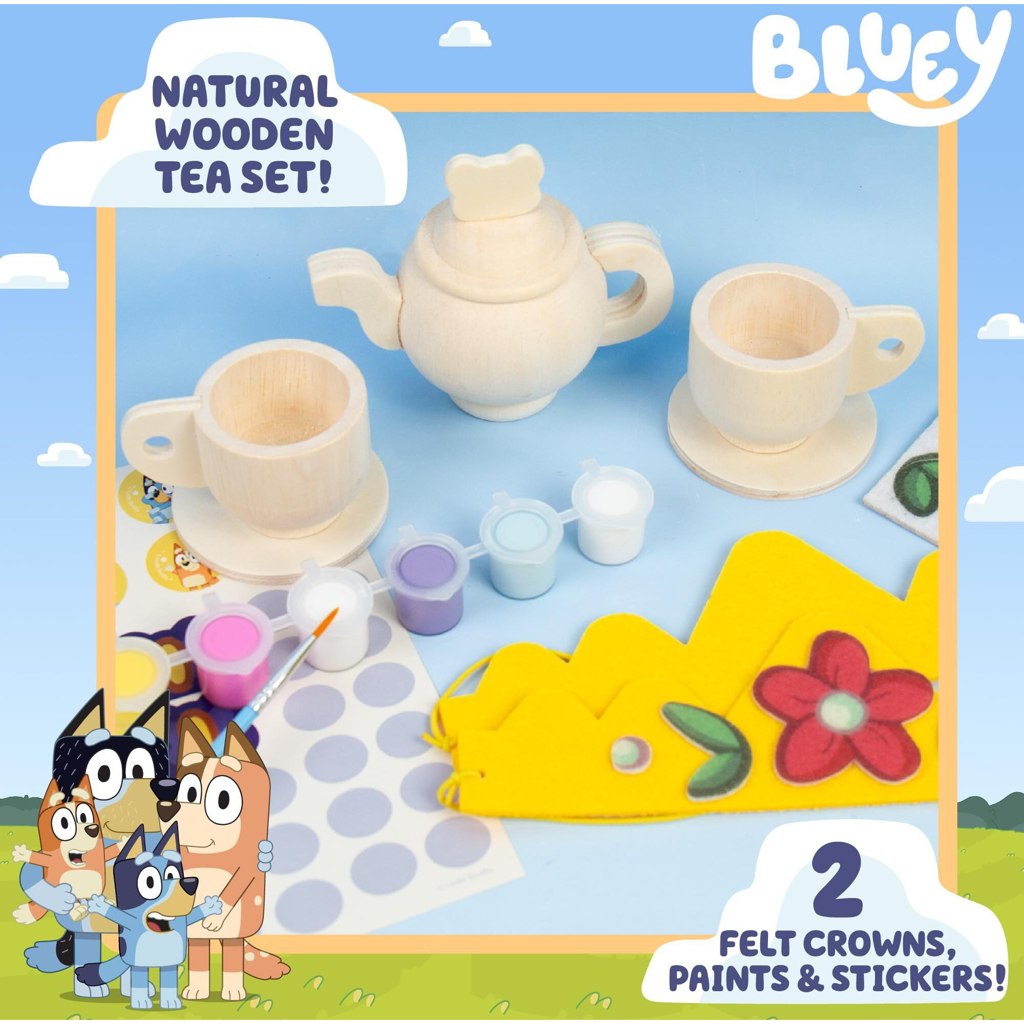 Bluey Paint & Play Tea Party, 6-Piece Wooden Tea Set, Customize With Paint & Bluey Stickers, 2 Wearable Crowns, Fun Toys For Kids, Cute Birthday Party Decorations, Pretend Play Tea Party, Bluey Toys