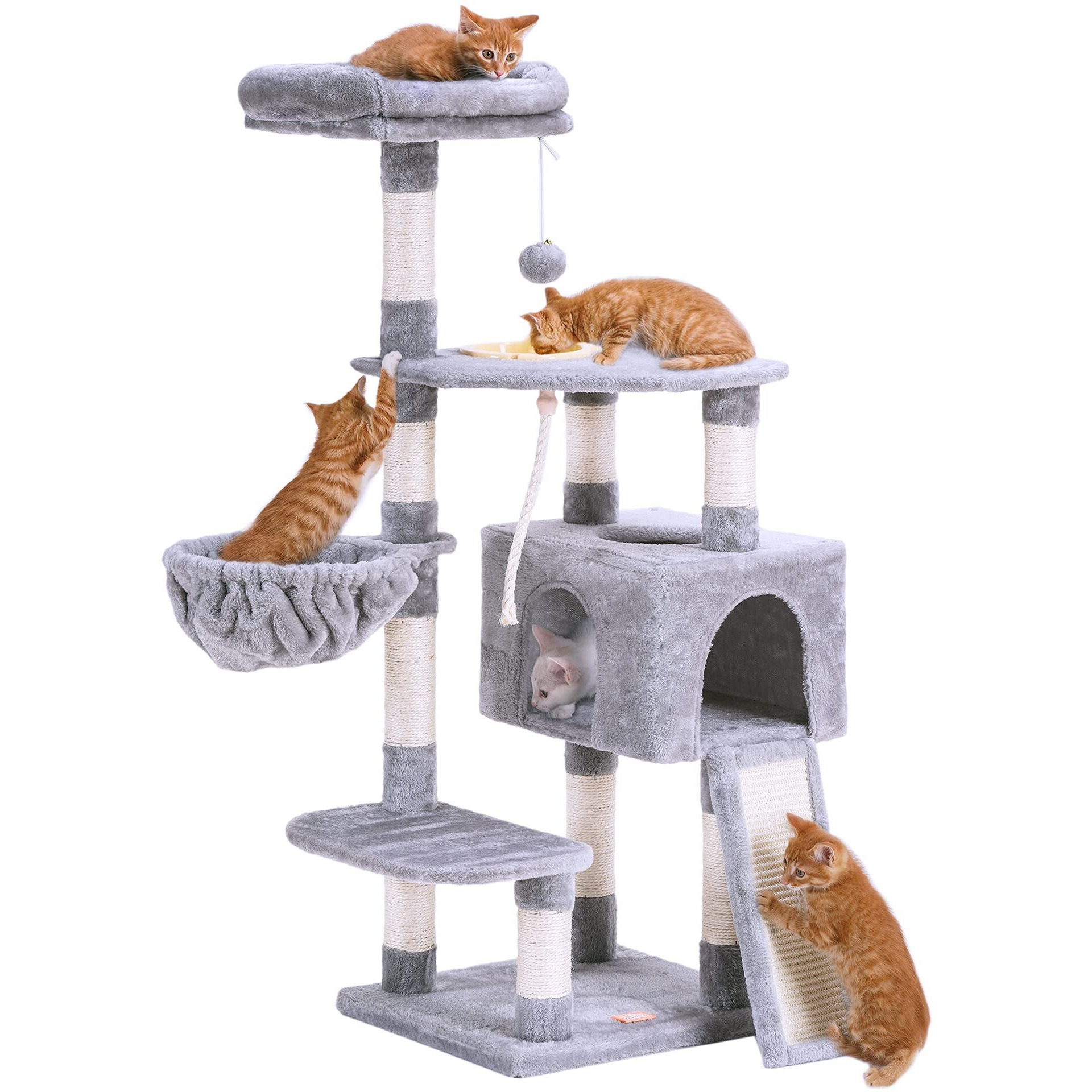 Heybly Cat Tree, Cat Tower For Indoor Cats With Scratching Board, Multi-Level Cat Furniture Condo With Feeding Bowllight Gray Hct010W