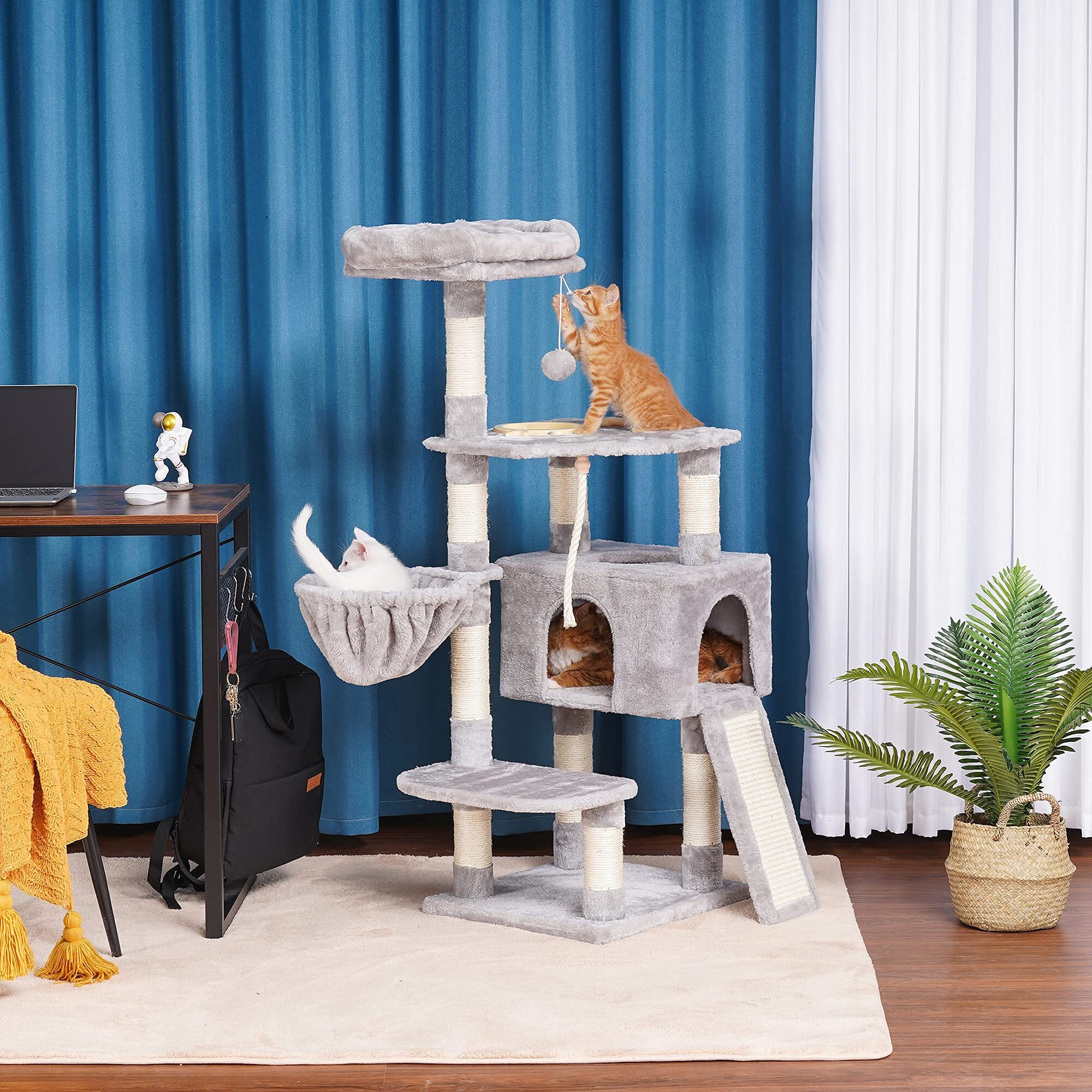 Heybly Cat Tree, Cat Tower For Indoor Cats With Scratching Board, Multi-Level Cat Furniture Condo With Feeding Bowllight Gray Hct010W