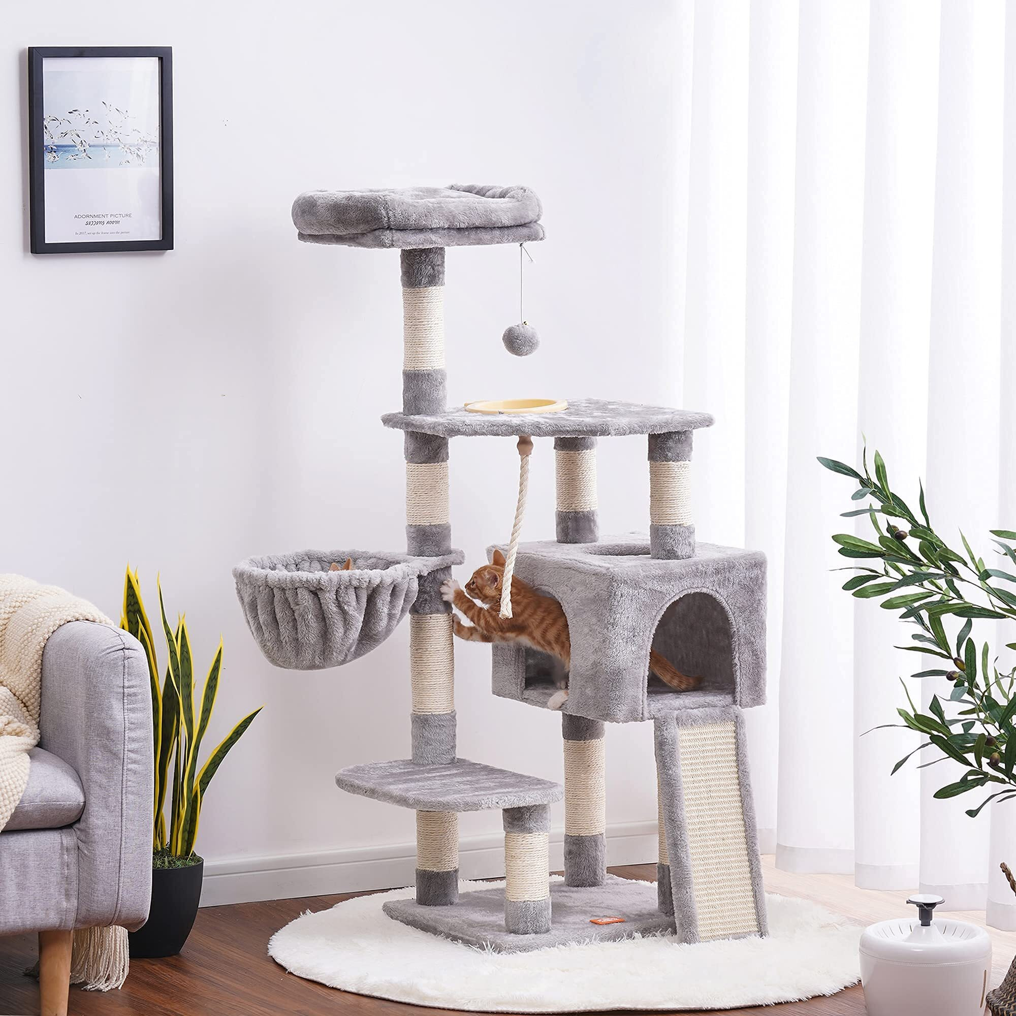 Heybly Cat Tree, Cat Tower For Indoor Cats With Scratching Board, Multi-Level Cat Furniture Condo With Feeding Bowllight Gray Hct010W