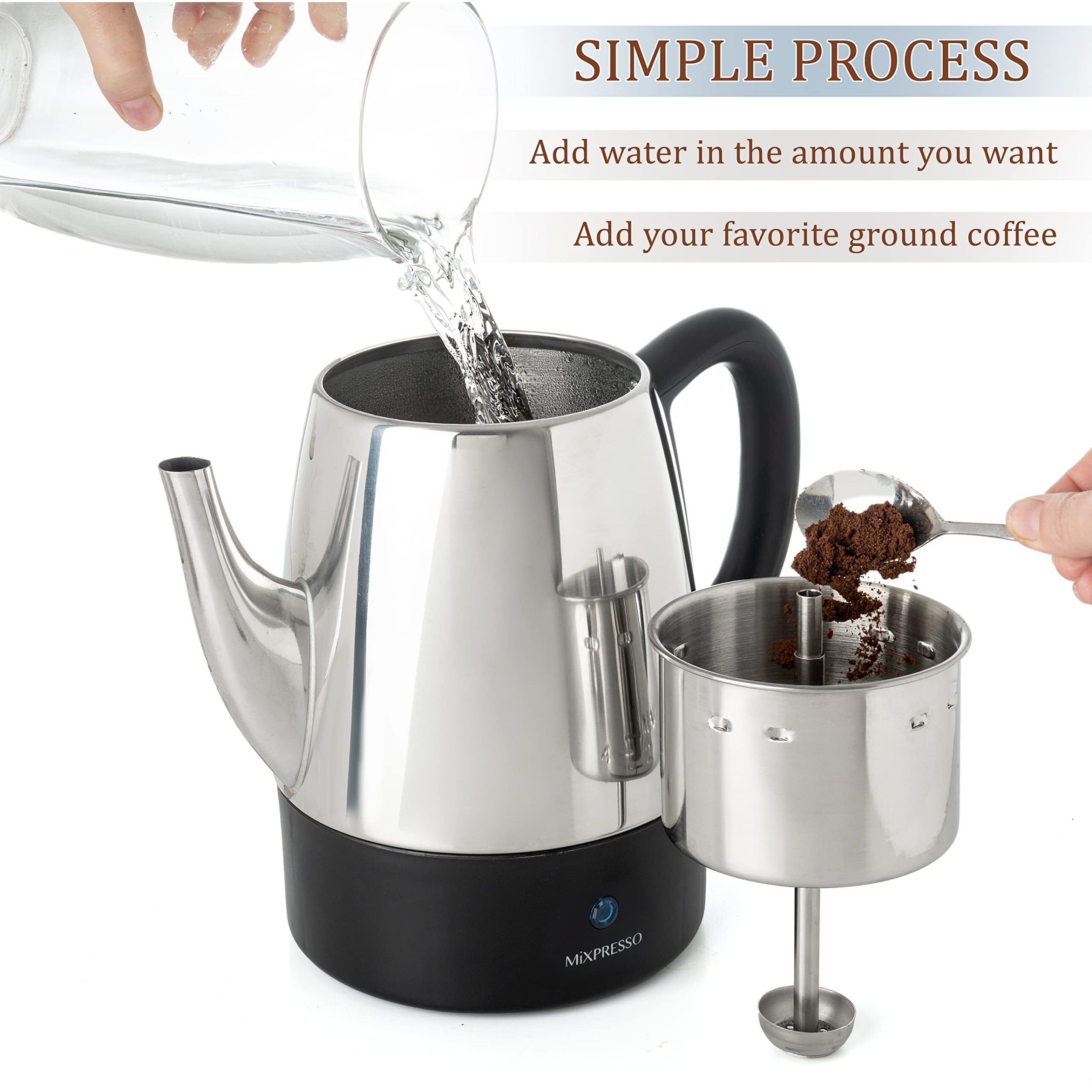 Mixpresso Small Percolator Coffee Pot Electric 4 Cup, Stainless Steel Coffee Maker, Coffee Percolator Electric With Keep Warm Function, 4 Cups Stainless Steel Percolator With Coffee Basket