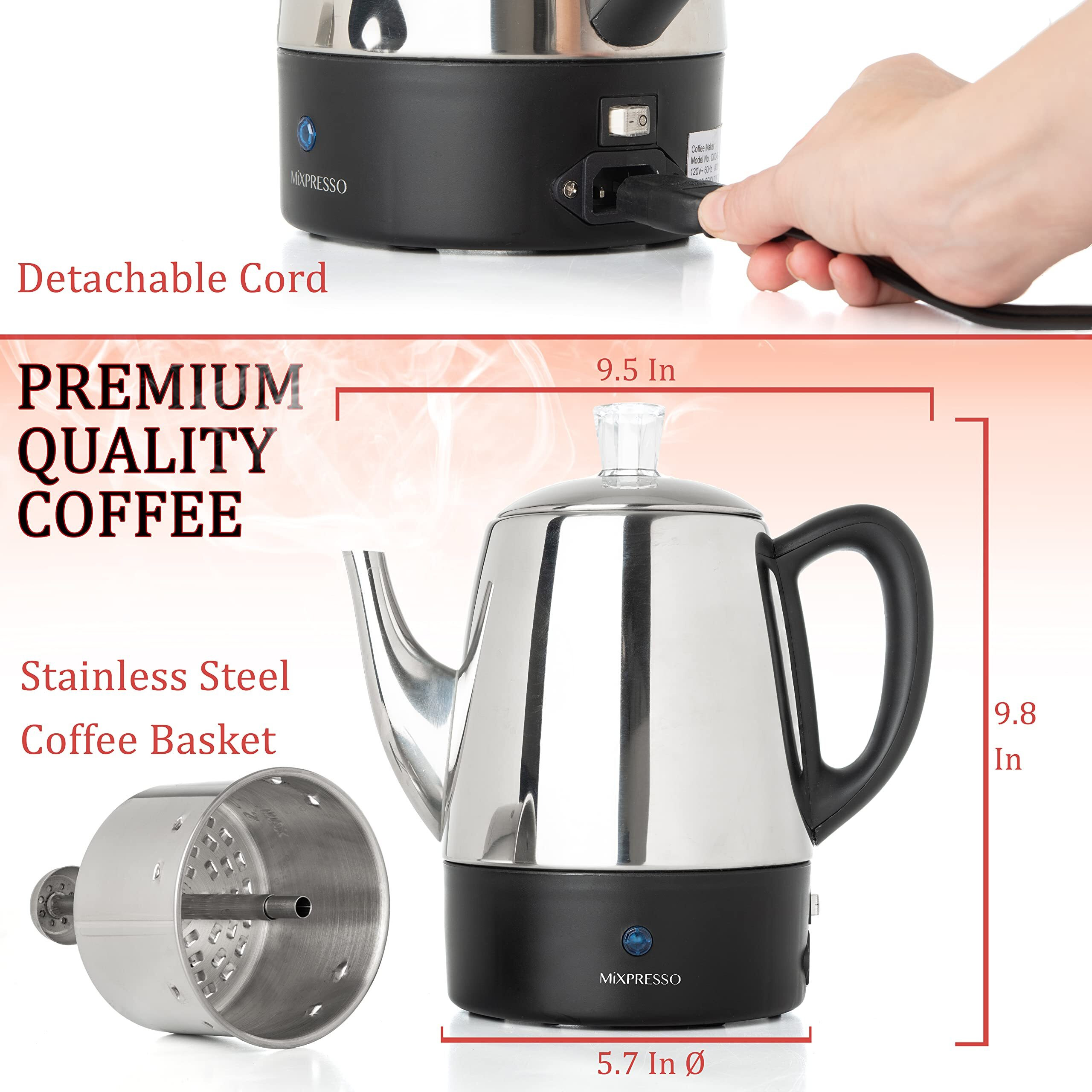 Mixpresso Small Percolator Coffee Pot Electric 4 Cup, Stainless Steel Coffee Maker, Coffee Percolator Electric With Keep Warm Function, 4 Cups Stainless Steel Percolator With Coffee Basket
