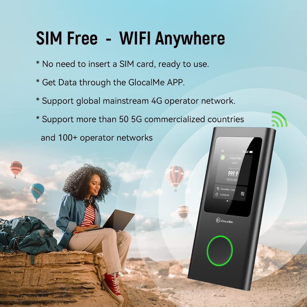 Glocalme Numen Air 5G Portable Wifi Mobile Hotspot For Travel, Cloudsim Tech, Touch Screen, Network Congestion Monitoring, With Lifetime 16+1Gb Data